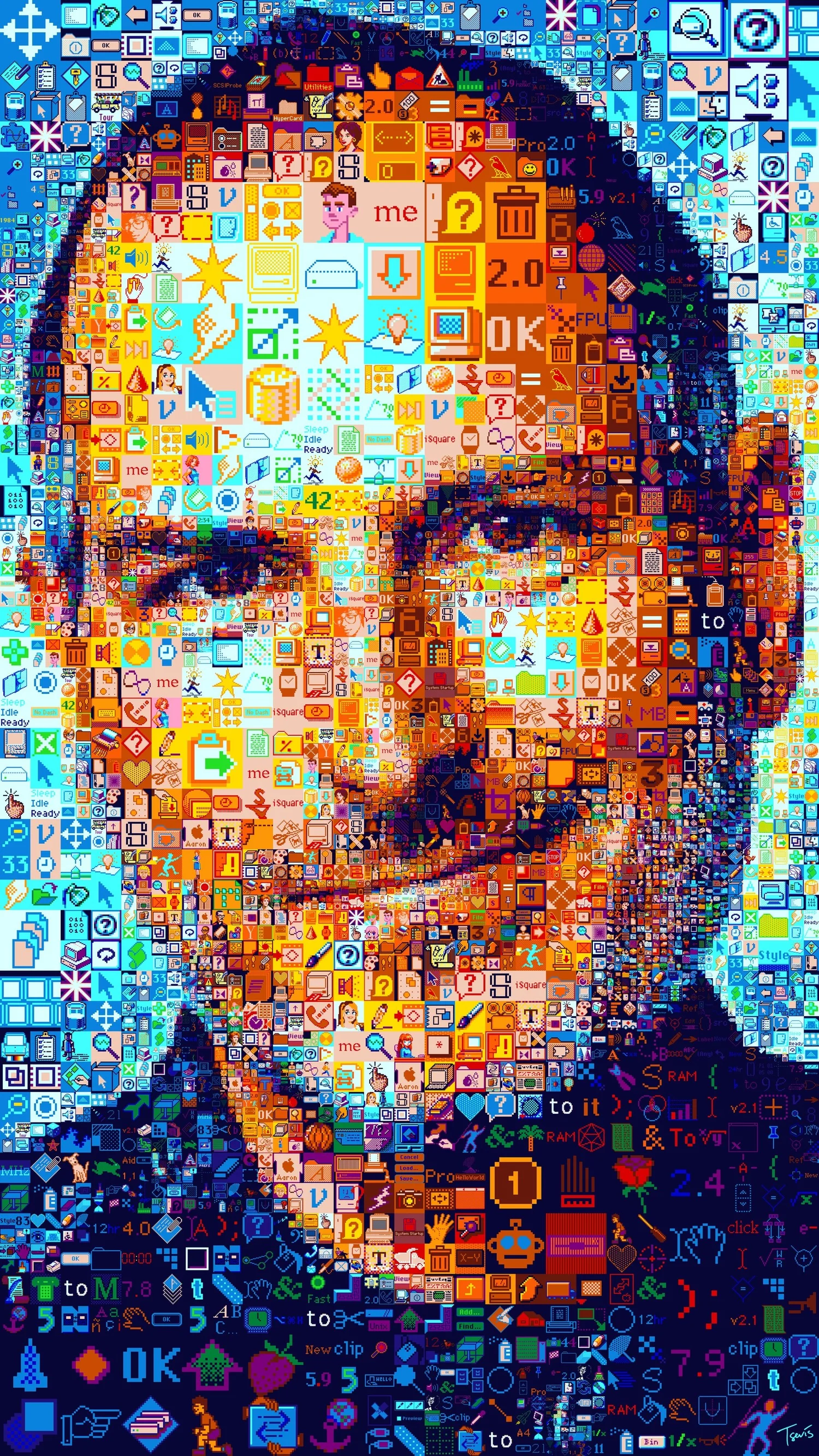 Steve Jobs digital mosaic portrait made of nostalgic pixel icons