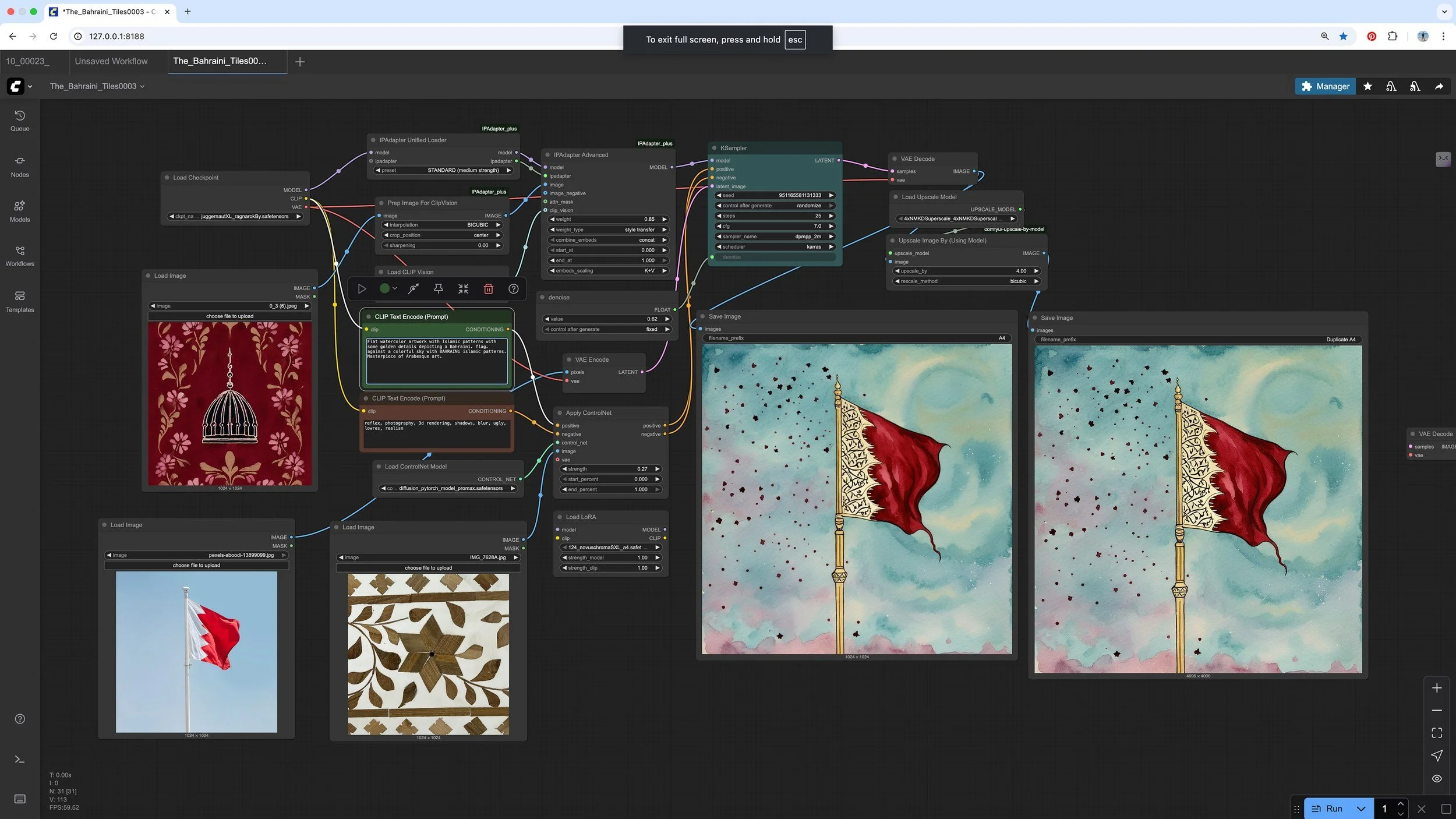 ComfyUI node graph generating tile artwork, with a red flag on a pole, a patterned red panel and a star tile as inputs