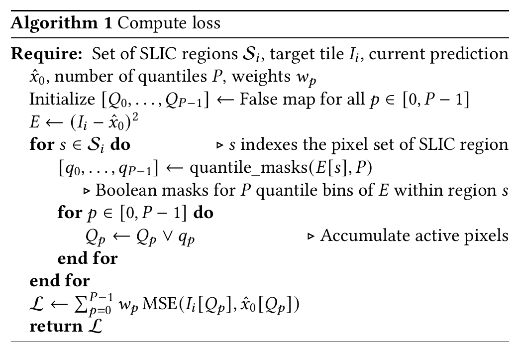 Pseudo-code: Algorithm 1, Compute loss, summing weighted MSE over quantile masks within SLIC regions
