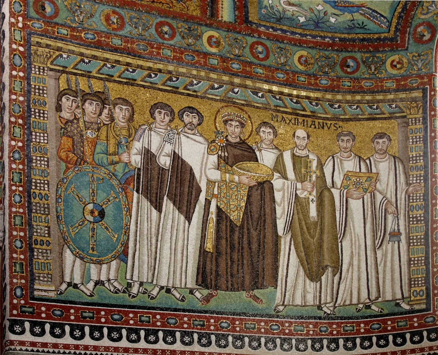 Byzantine glass mosaic of Emperor Justinian with courtiers, clergy and soldiers on a gold ground