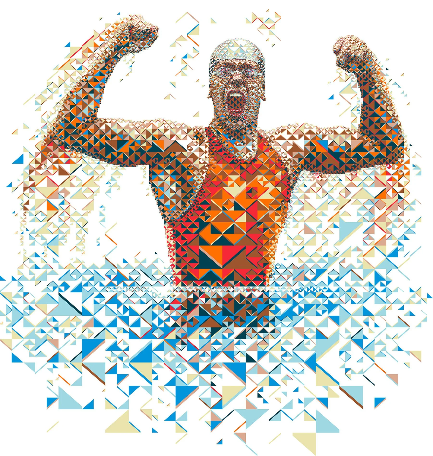 César Cielo swimming mosaic – Brazilian Olympic swimmer. Warm and cold color antithesis. Power and joy of victory.