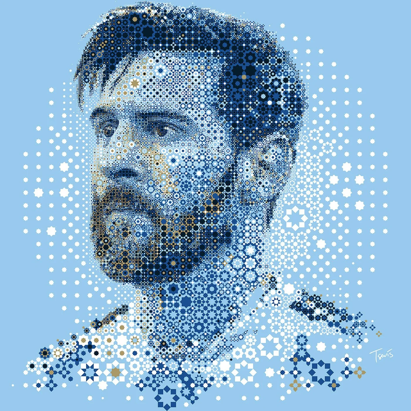 Mosaic portrait of Lionel Messi built from Islamic geometric patterns