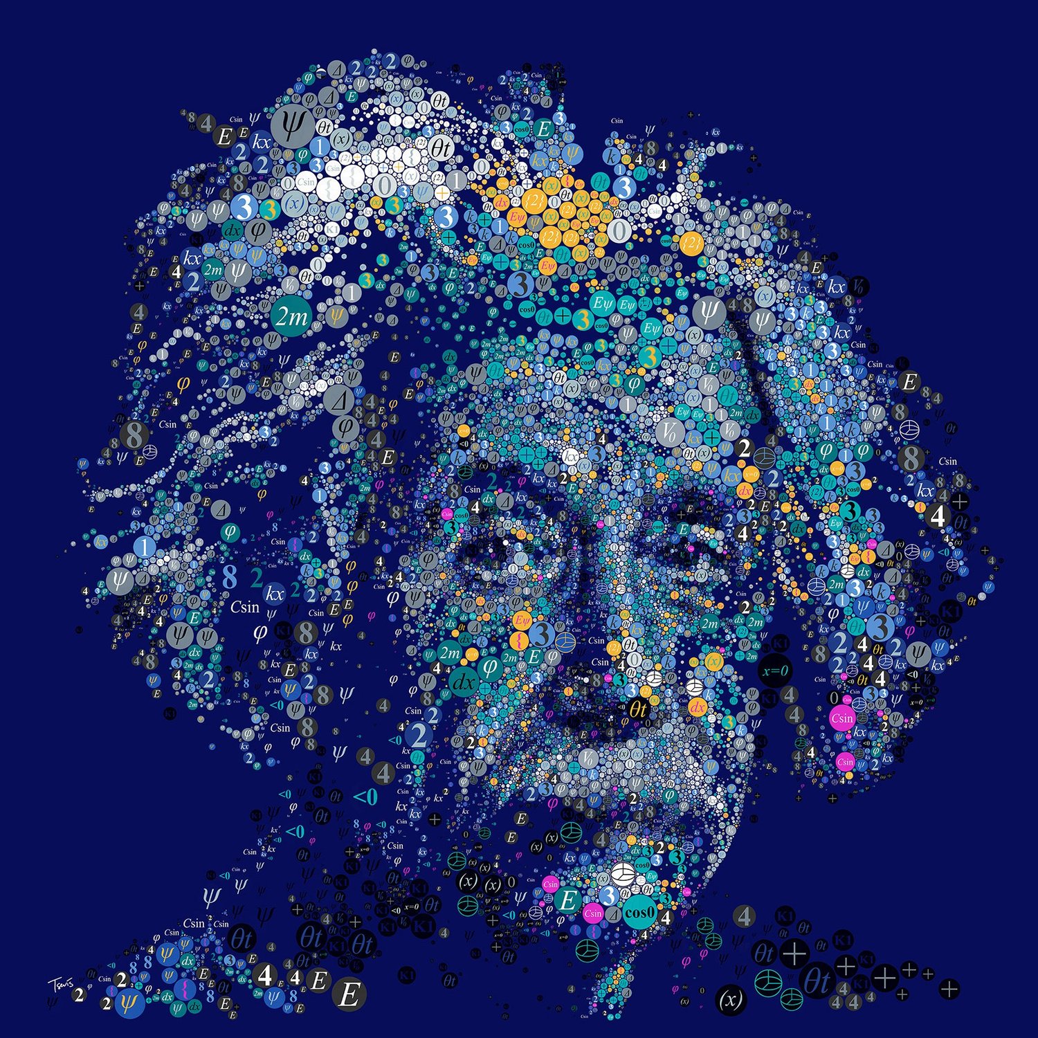 Mosaic portrait of Albert Einstein assembled from quantum physics symbols