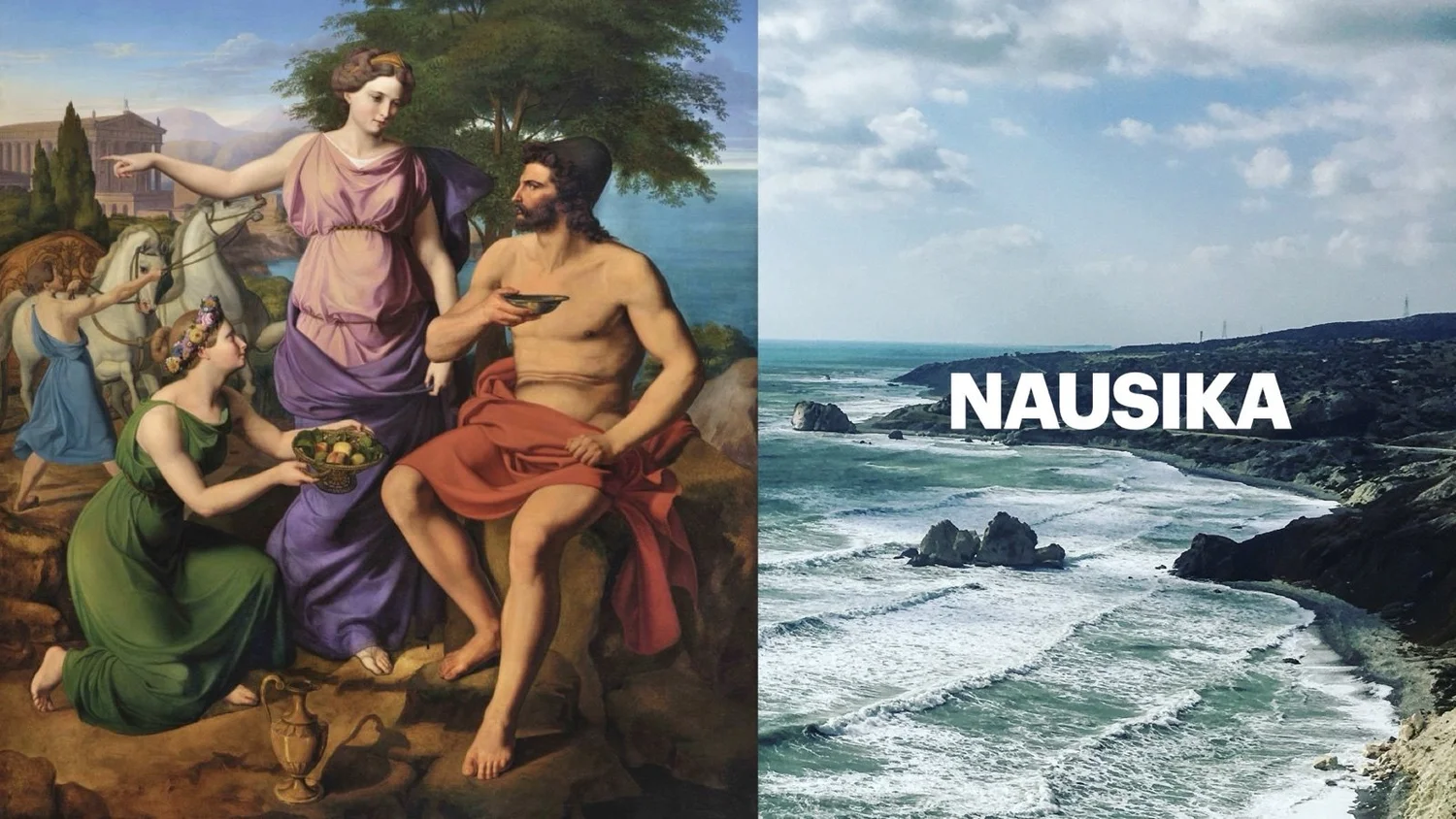 Left: a classical painting of Nausicaa and her maidens meeting the shipwrecked Odysseus on the shore. Right: the Cypriot coastline with the word “Nausika”.