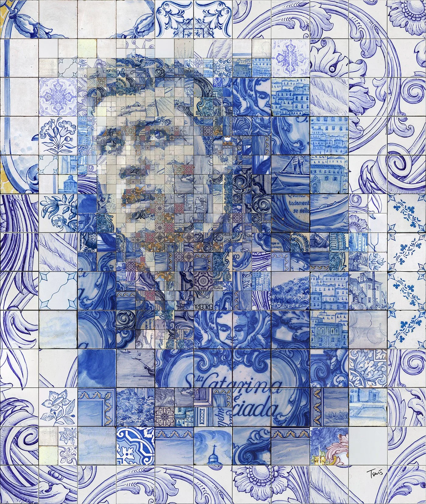 Cristiano Ronaldo azulejo mosaic – Portuguese blue and white ceramic tiles forming CR7's face.