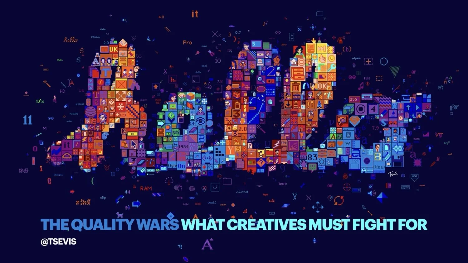 Title slide: the word “hello” in handwritten script, built from hundreds of small coloured icons and tiles on a dark blue background, above the title “The Quality Wars: What creatives must fight for”.
