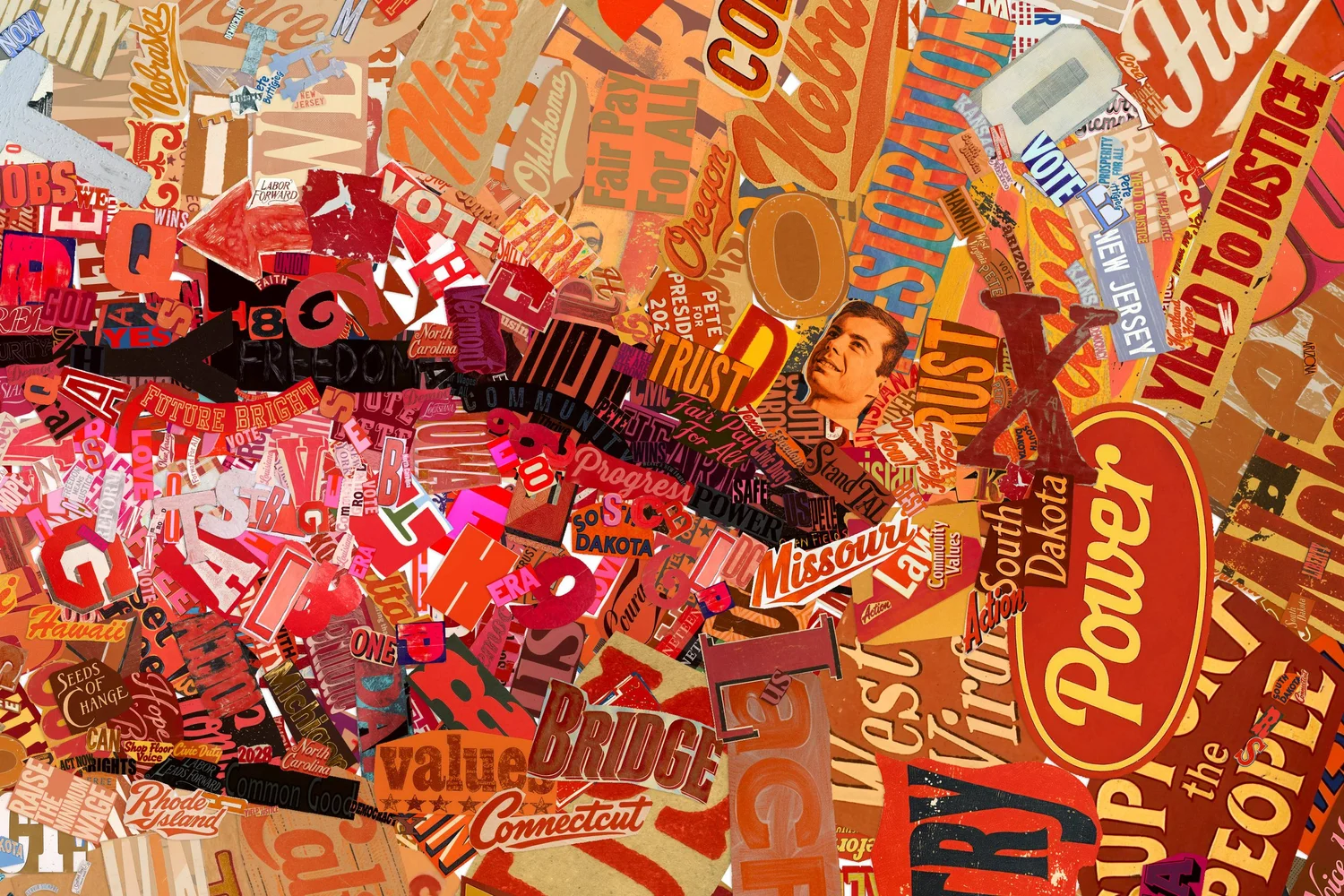 Full-size detail of the lips in Eyes on the Horizon: Power, Yield to Justice, Fair Pay For All, Bridge and Missouri among hundreds of smaller words.