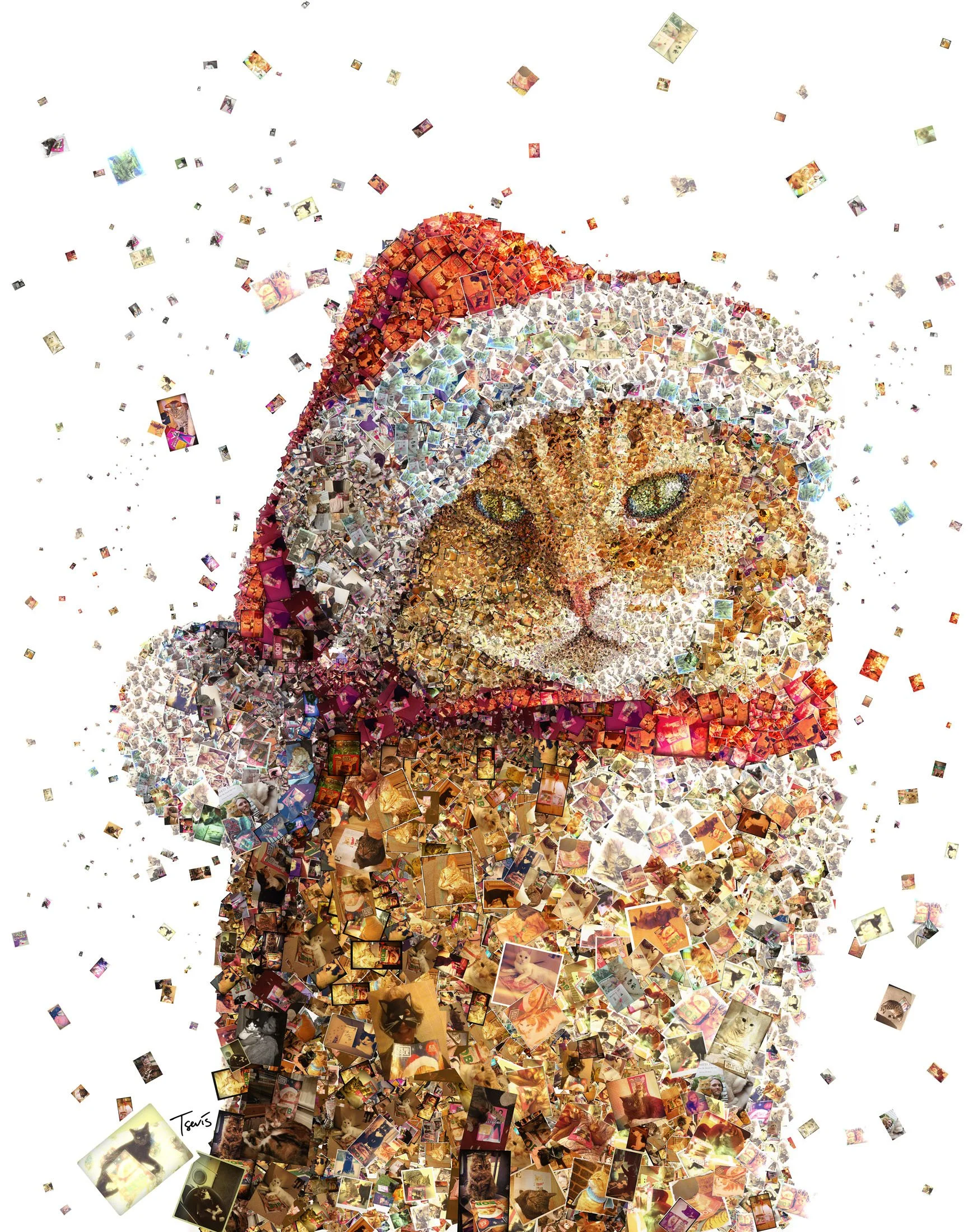 Bob the cat mosaic – ginger fur from street photography and Christmas ornaments.