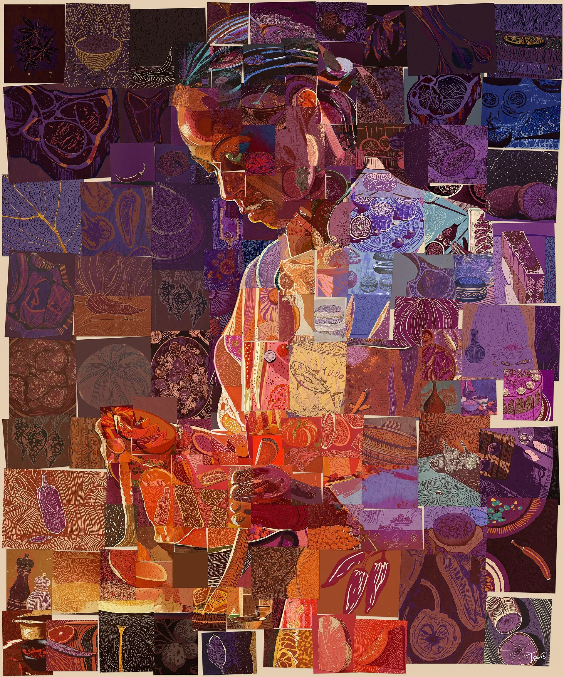 Algorithmic mosaic portrait of female chef, assembled from kitchen tools and ingredients, neon-lit kitchen setting, digital editorial illustration