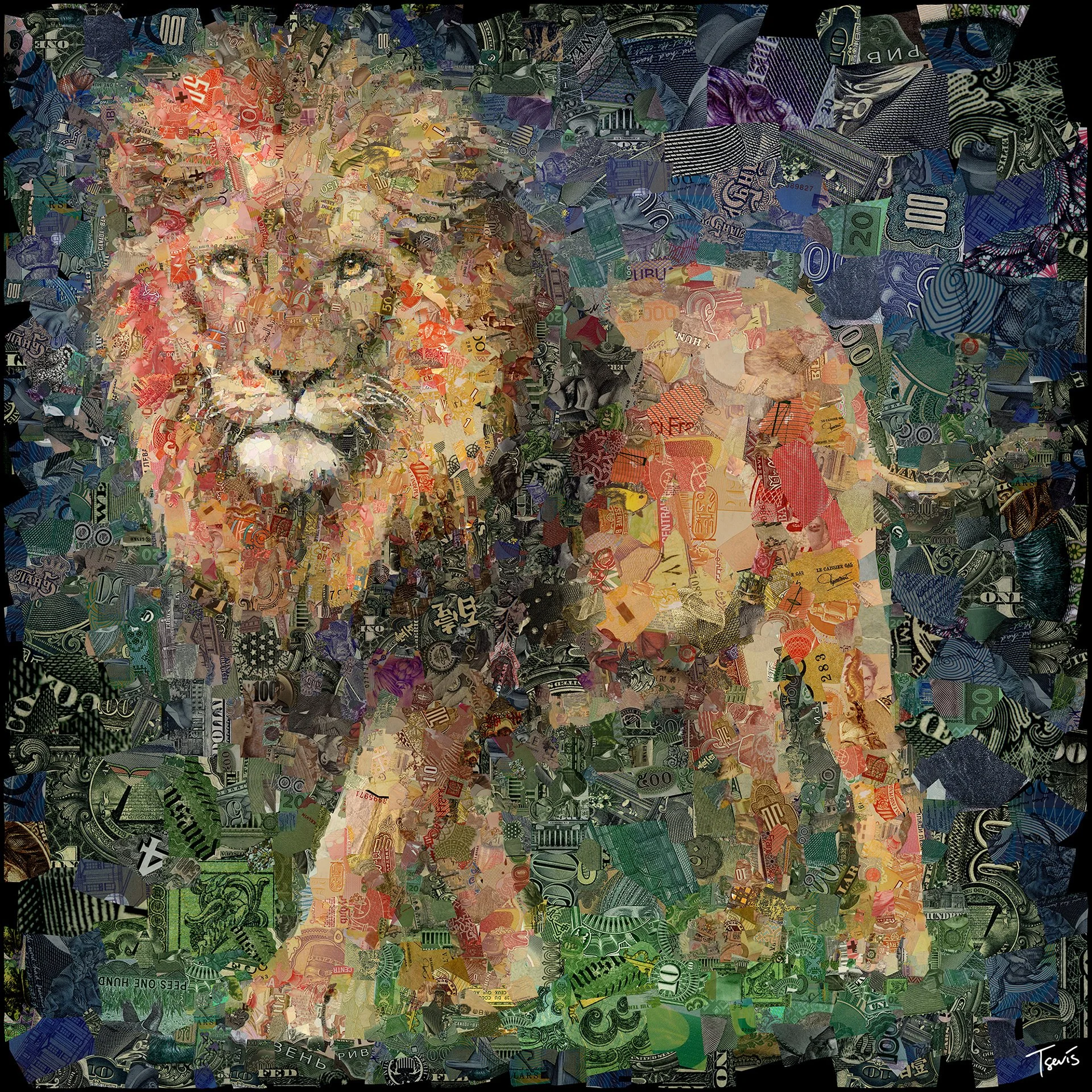 Money Zoo lion mosaic made from banknotes all over the word.