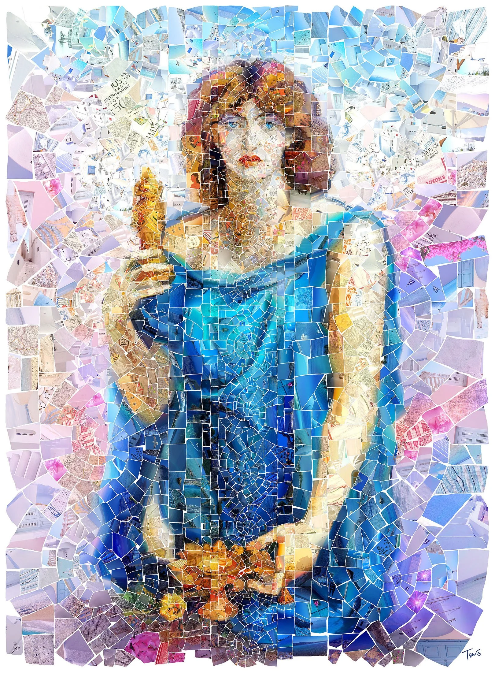 Persephone Greek mosaic – cracked tile patterns from ancient Greek regions forming the goddess.