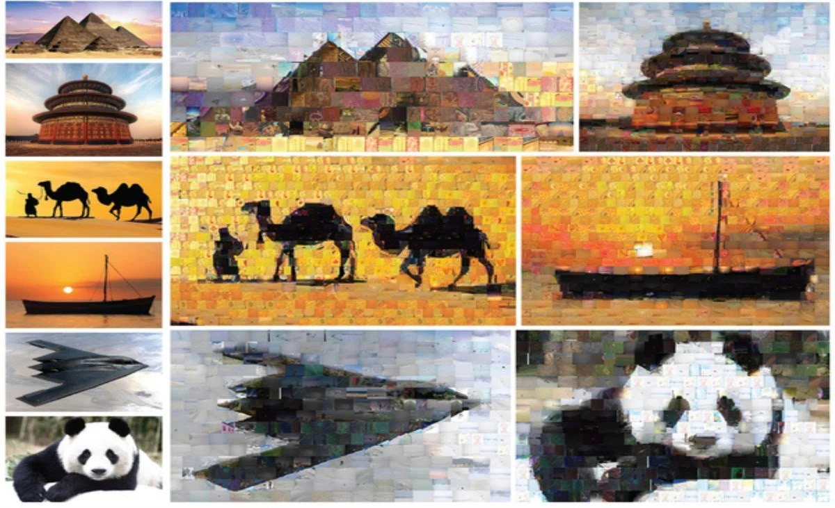 Pyramids, a temple, camels, a boat, an aircraft and a panda, each rebuilt from small recognisable photographs