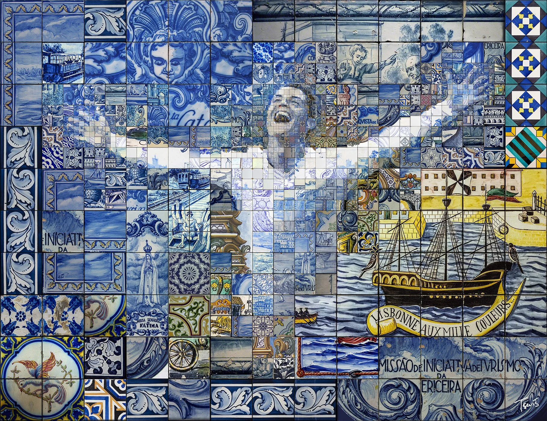 Ronaldo in Portugal azulejo – ceramic tile mosaic.