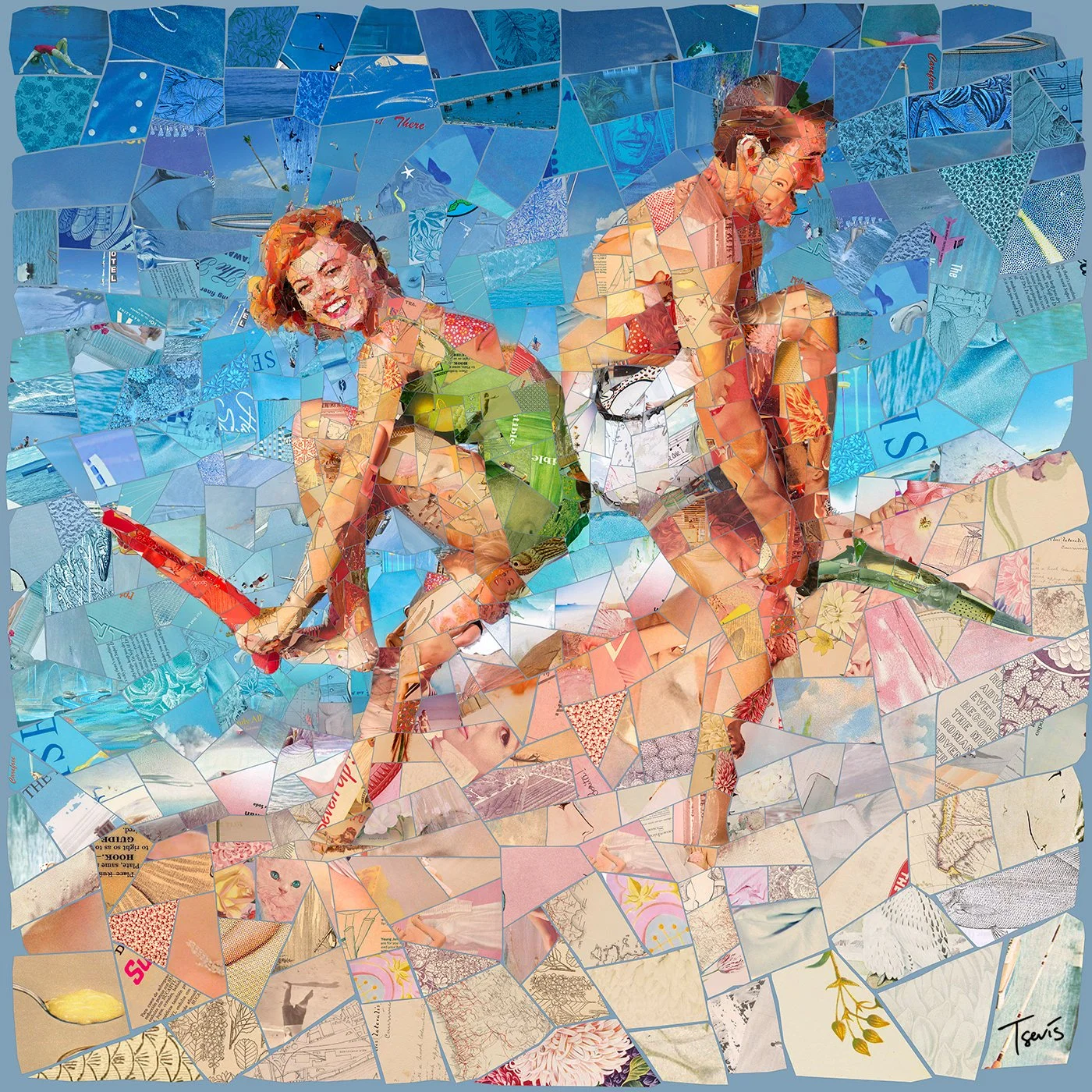 Digital mosaic, a couple having fun, bright sun over a blue sea. Vintage summer memory