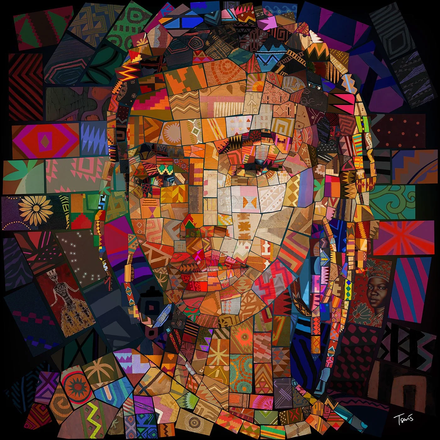 Tyla in sophisticated earth-tone mosaic representing new generation of African artists - contemplative cultural portrait
