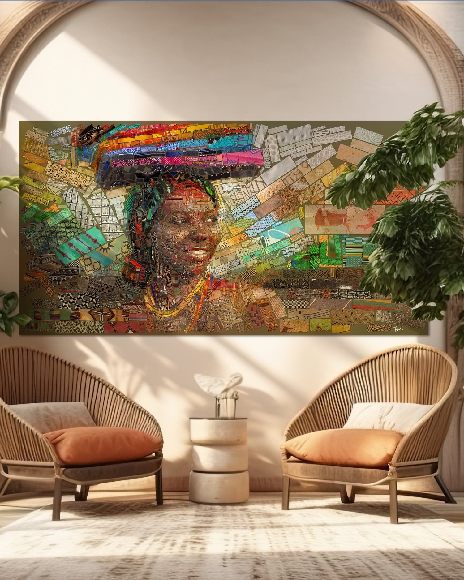 Wide mosaic of a smiling woman carrying a colorful bundle on her head, shown above two rattan chairs in an arched room