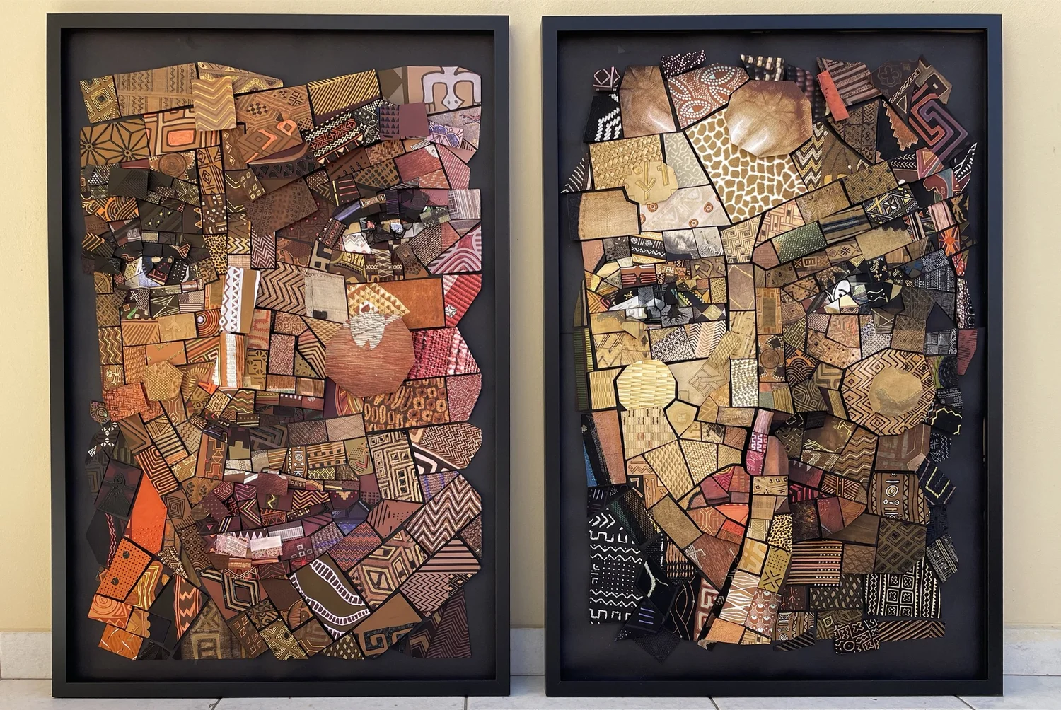 Two black-framed mosaic panels showing close-ups of faces, built from small patterned paper tiles in gold, orange and brown