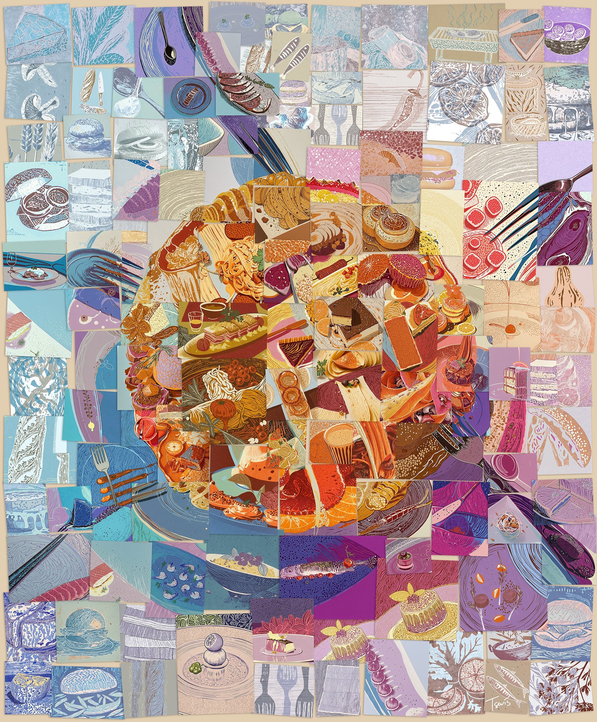 Digital mosaic depicting shared dinner table assembled from food fragments, centered on pie as convergence point representing equal access and participation