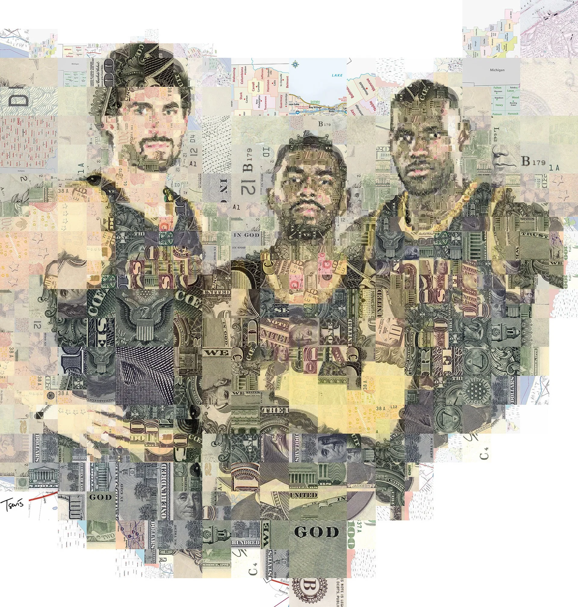 Athletes mosaic from dollar bills and Ohio maps – Browns cornerback in currency fragments.