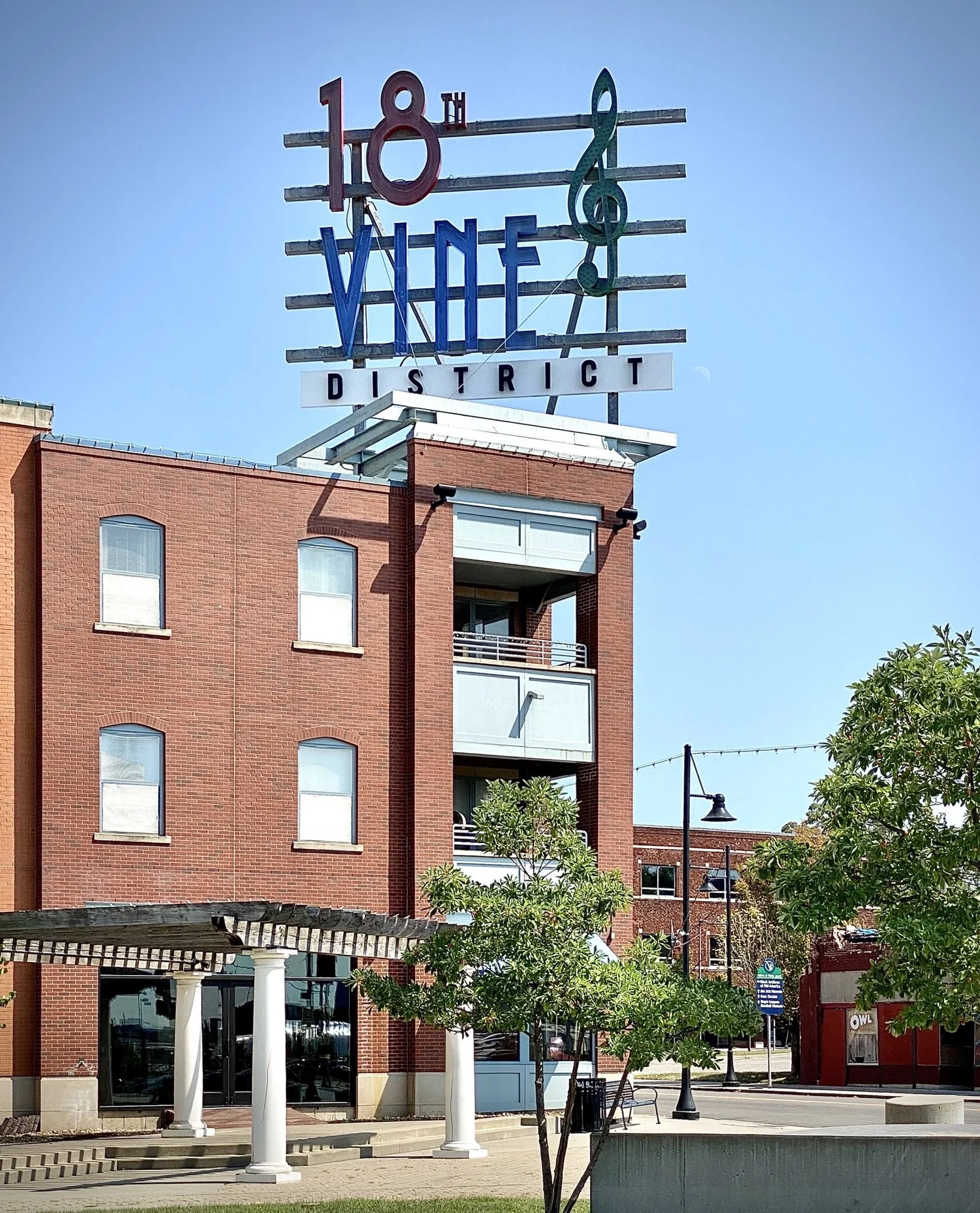 Sign and historic building in the 18th and Vine Jazz District of Kansas City, Missouri
