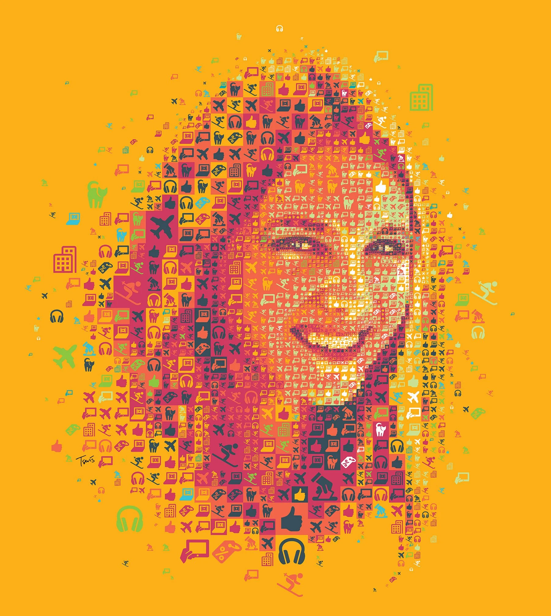 A young smiling girl made out of icons for audio/video, computing, traveling, shopping, sports.