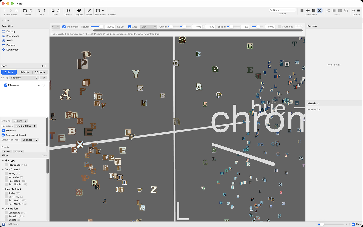 Screenshot of a tessera library browser with hundreds of lettered image fragments scattered along hue and chroma axes on a grey ground