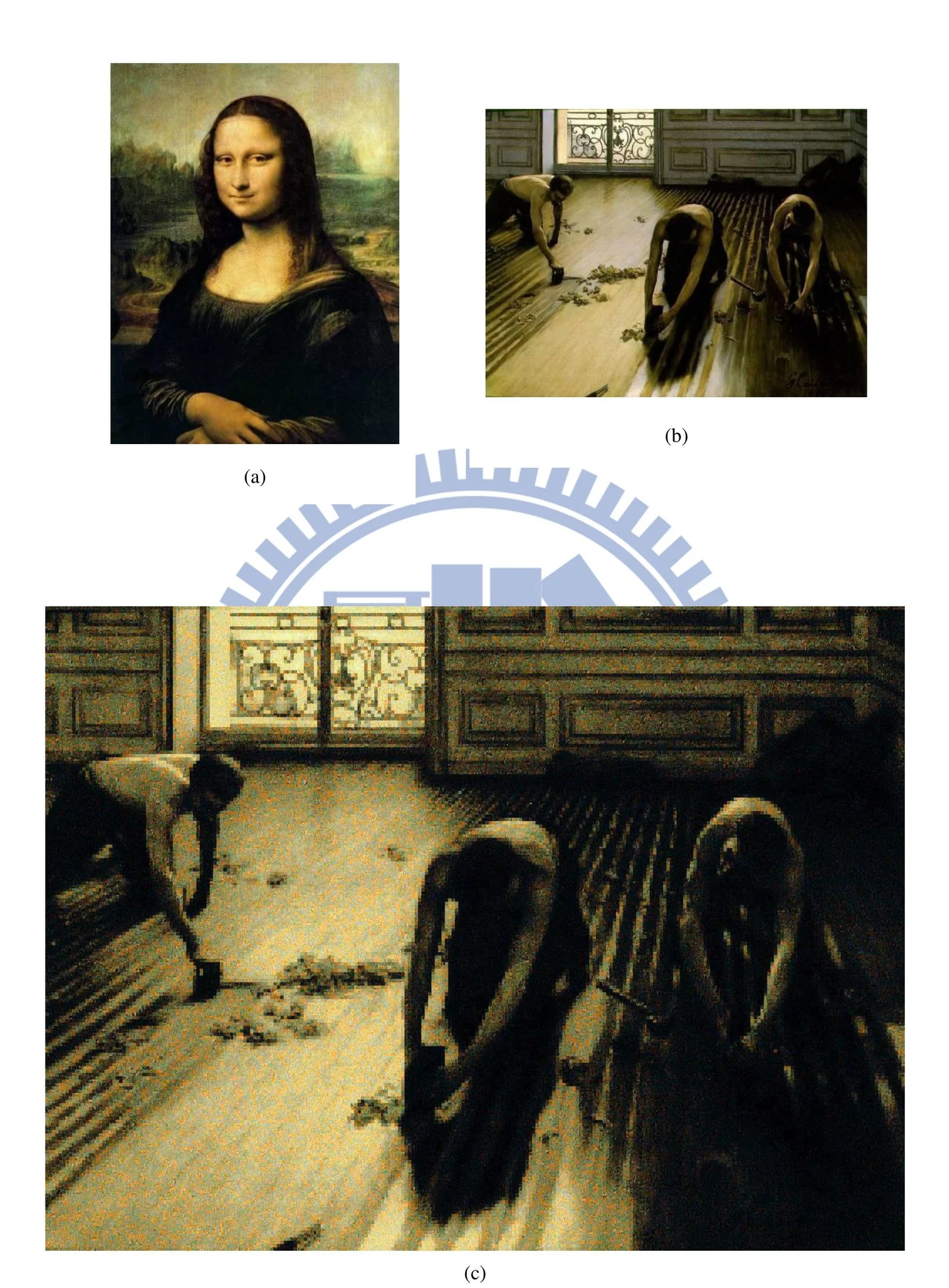 Mona Lisa, a painting of floor scrapers, and the scrapers rebuilt from Mona Lisa fragments
