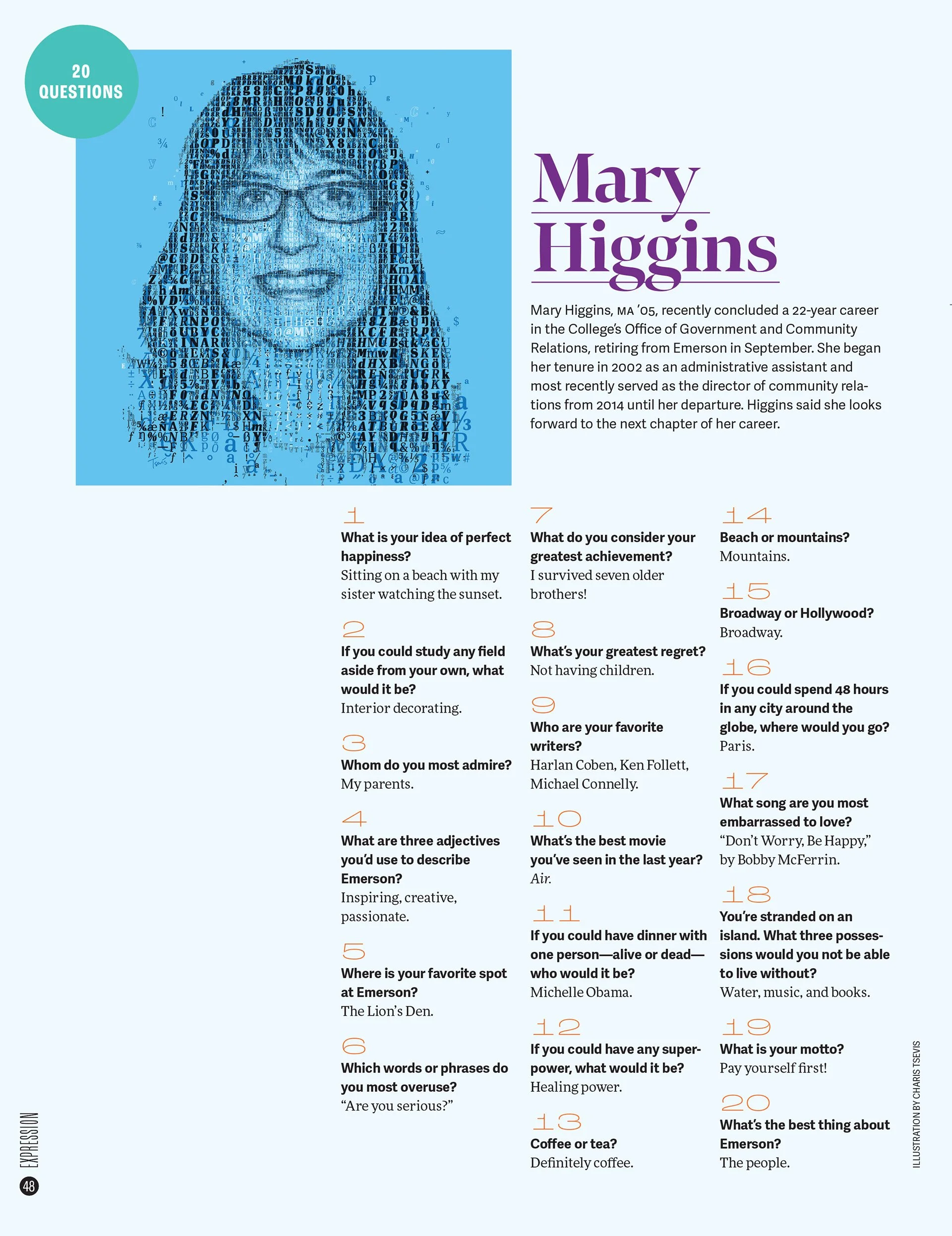 Magazine index page. Typeface constructs a face. Typographic portrait of Mary Higgins.