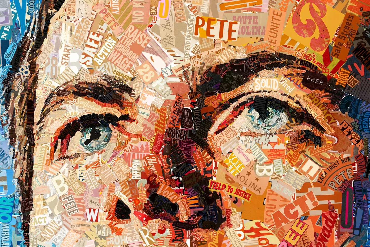 Close-up of the eyes in Steady Resolve, made of pieces reading Raise the Minimum Wage, Safe, Yield to Justice, Solid and Pete.