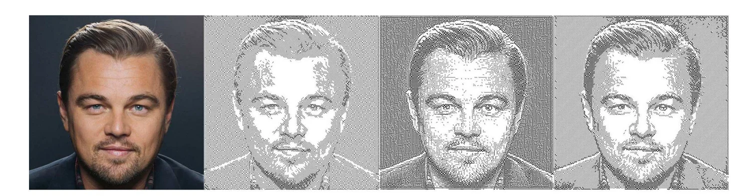 A man's portrait beside three mosaic versions made with different perceptual losses