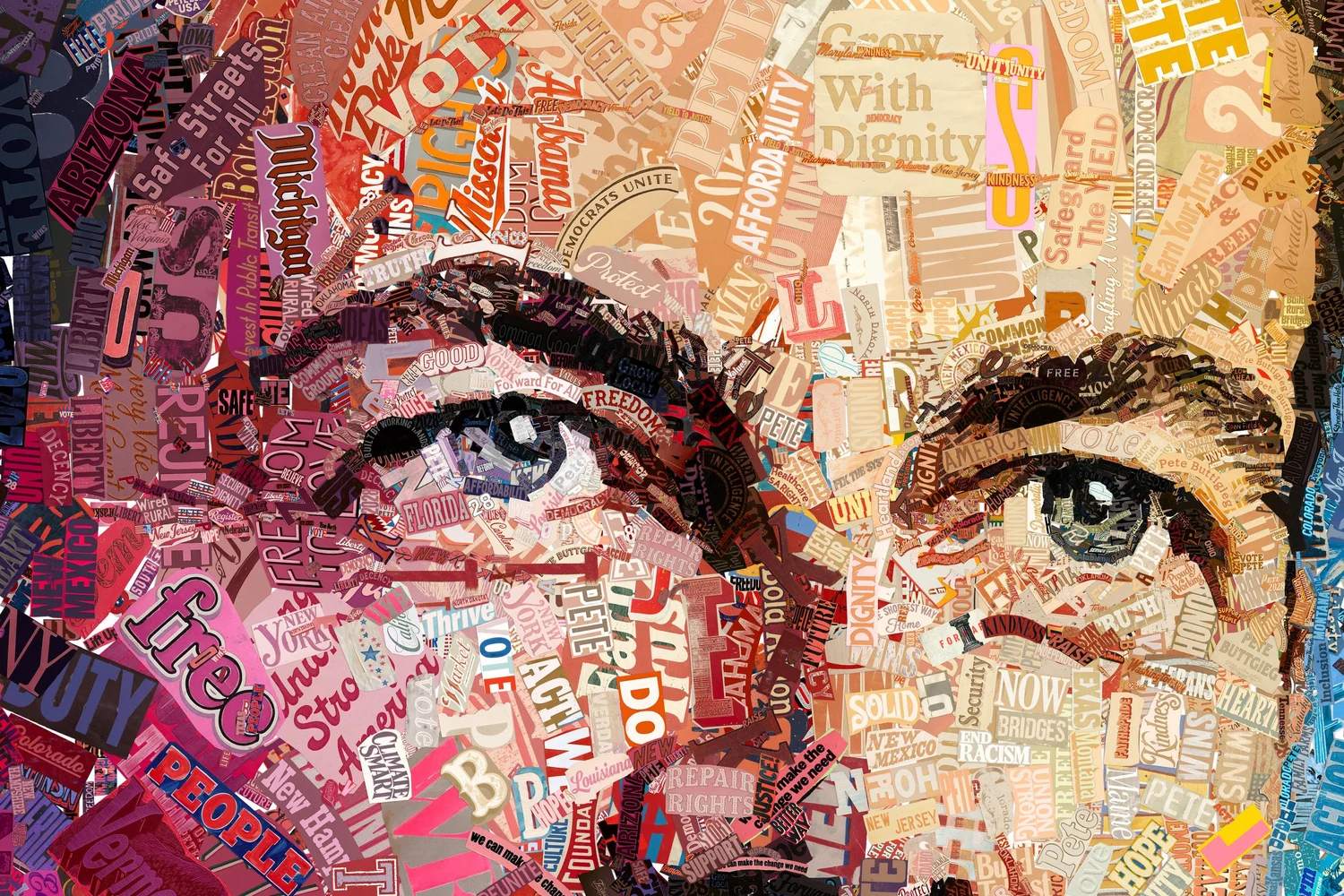 Close-up of the eyes in Quiet Confidence: pieces reading Freedom, Grow With Dignity, Affordability and Bridges form the skin and brows.