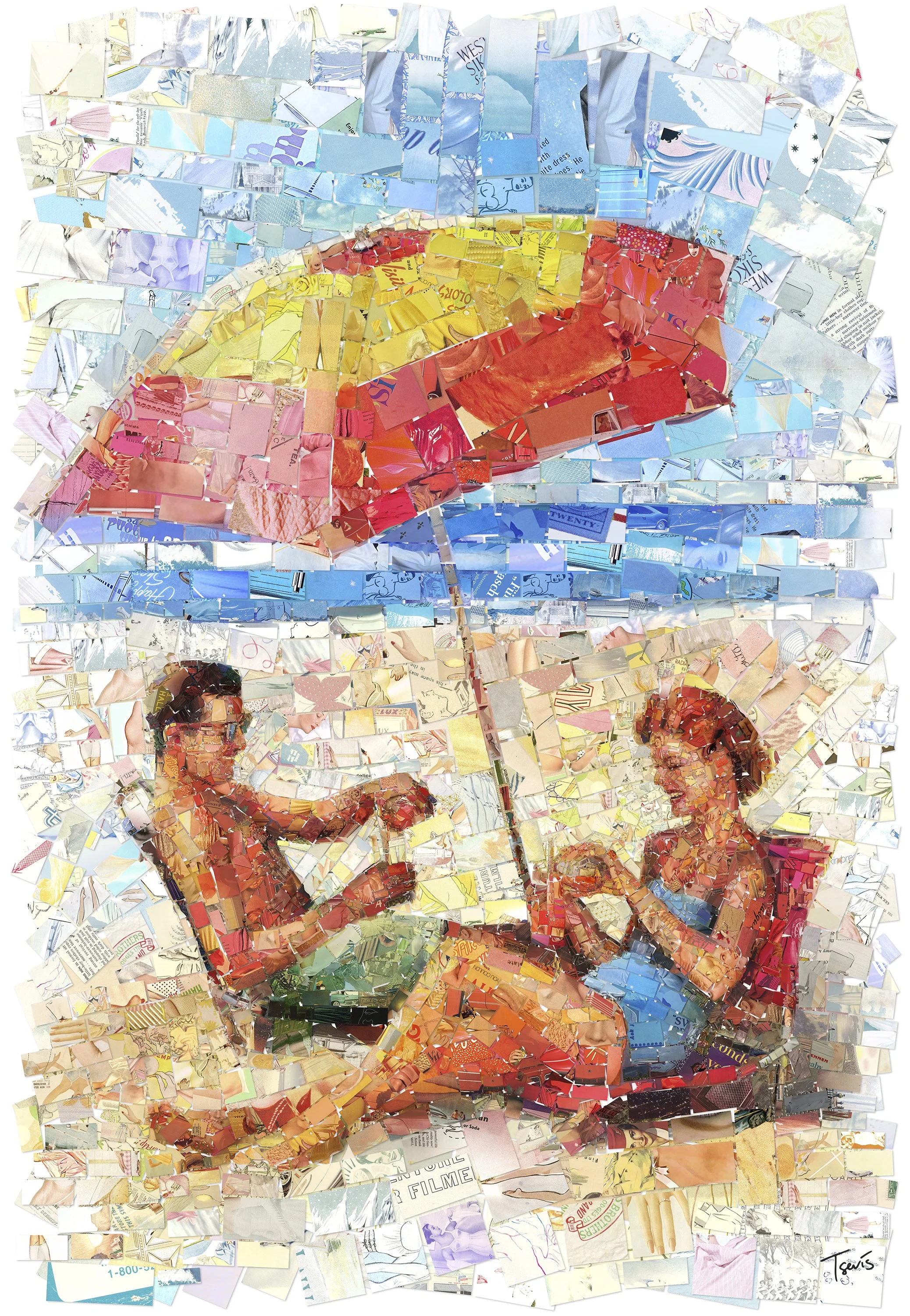 Umbrella - Vintage Beach Couple Mosaic Art | Colorful Midcentury Umbrella Print