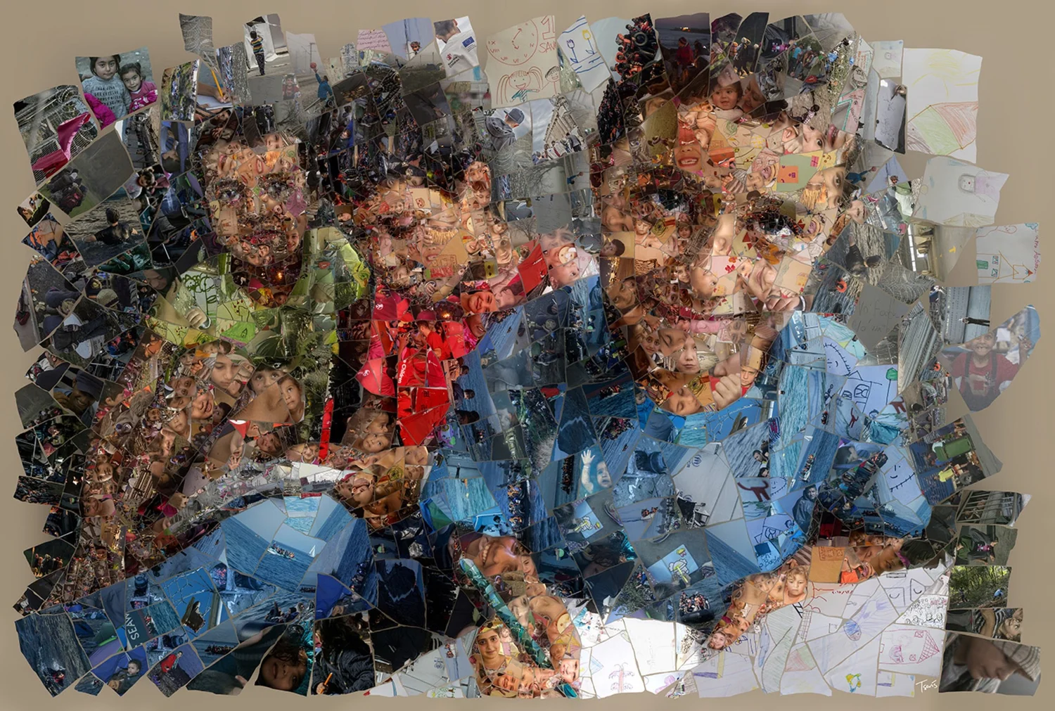 A digital mosaic composed of fragmented photo-tesserae depicting refugee children — each shard carrying its own story. The image forms three young students, heads bowed over a shared book, one writing on a block. A quiet act of learning becomes a powerful symbol of resilience, hope, and the right to a future.