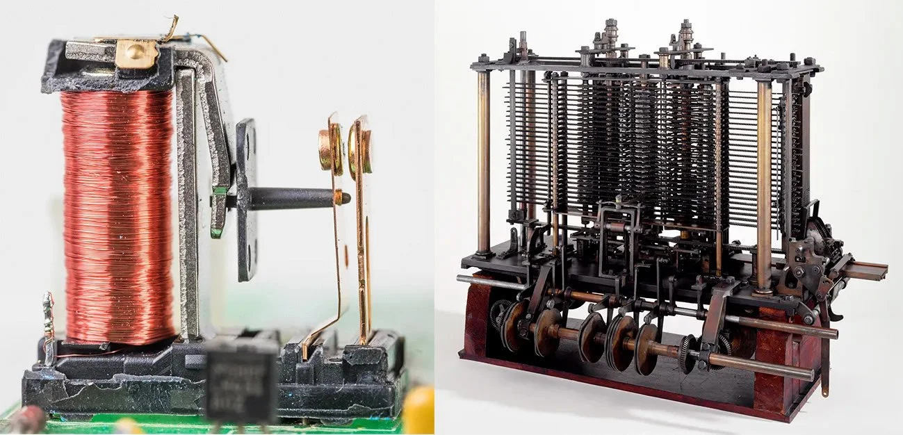 Two vintage electromechanical relays: a single copper-coil unit and a multi-relay assembly