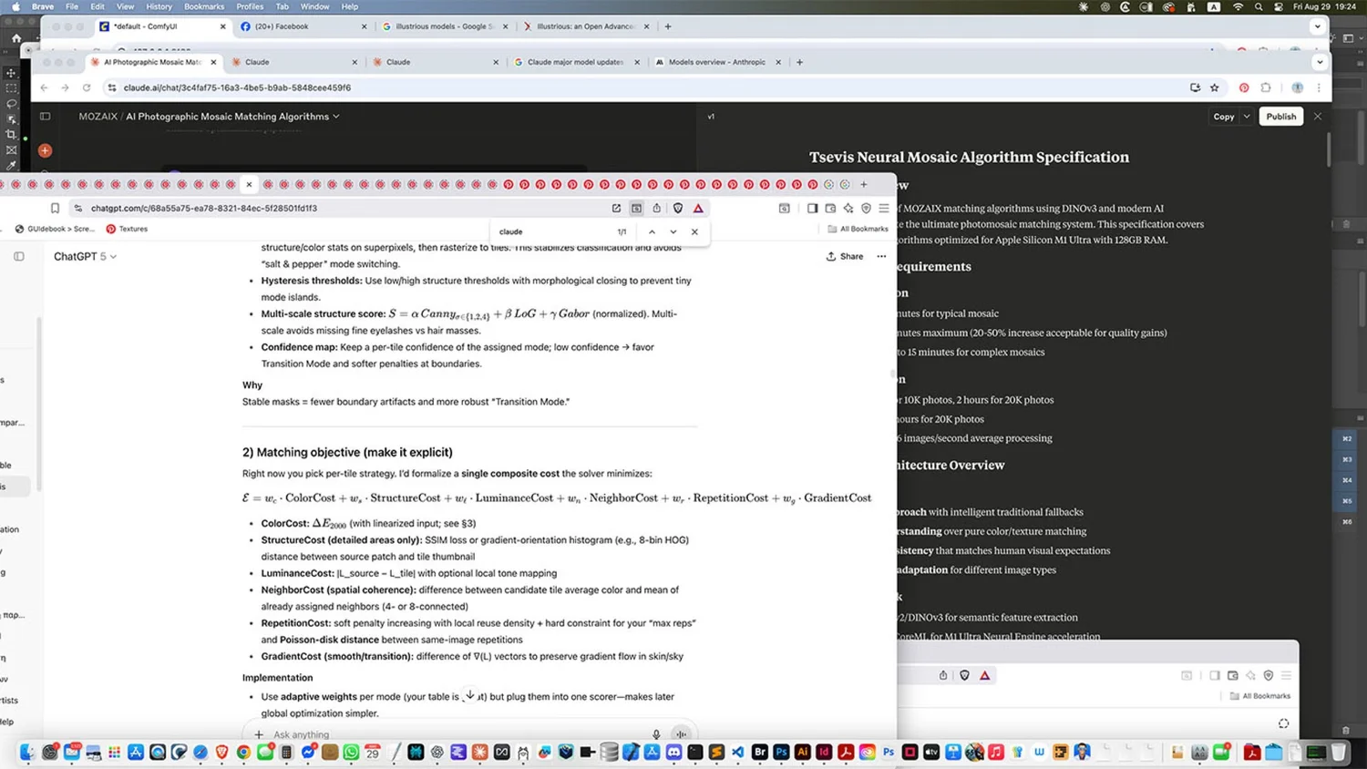 A multitasking desktop environment featuring multiple windows of Internet browsers open in ChatGPT and Claude.