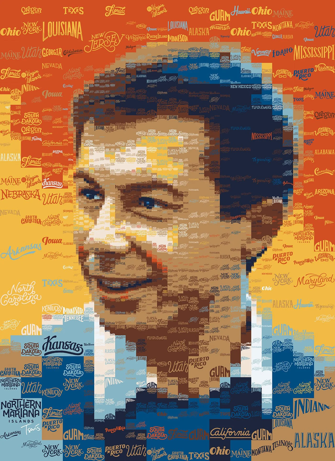 A mosaic portrait of Mayor Pete Buttigieg created with art created by many artists for Team Pete.
