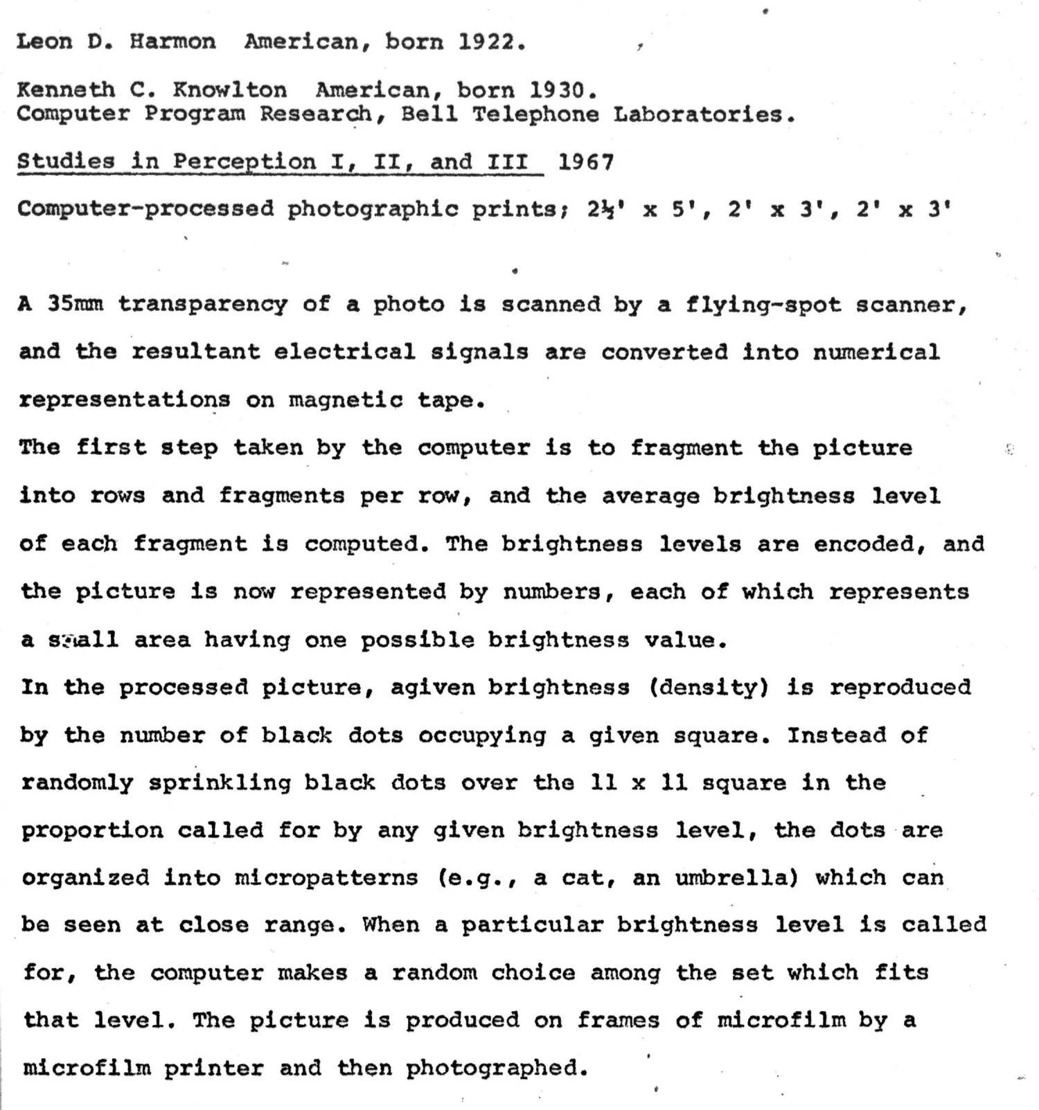 Typewritten page: Leon D. Harmon, Kenneth C. Knowlton, Studies in Perception I, II, and III 1967, computer-processed photographic prints