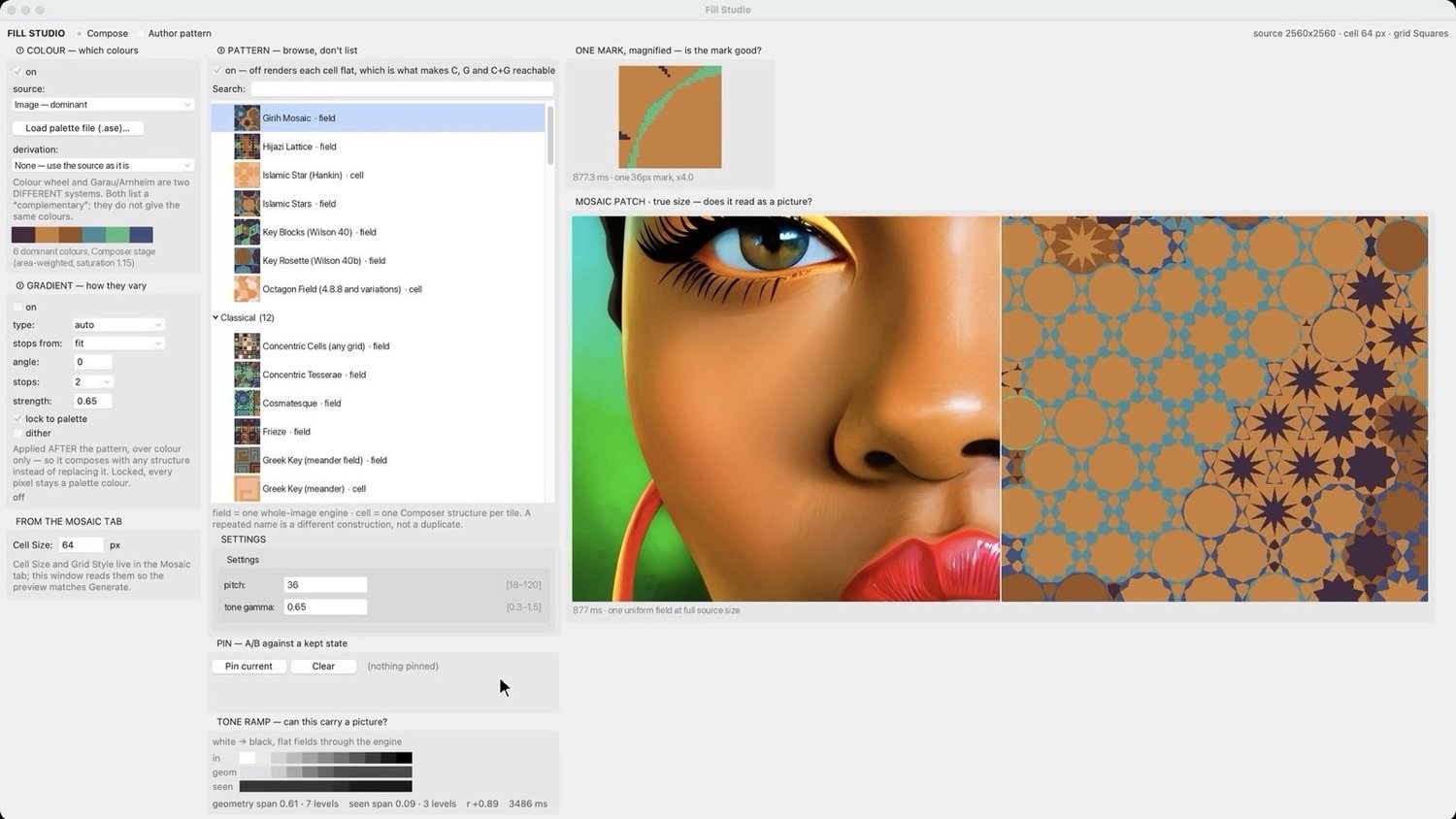 Screenshot of the Mozaix grid-style editor: a list of pattern families on the left, and a close-up of a stylised woman's face next to the same area rendered as a star-shaped Islamic-style tile pattern in orange and blue.
