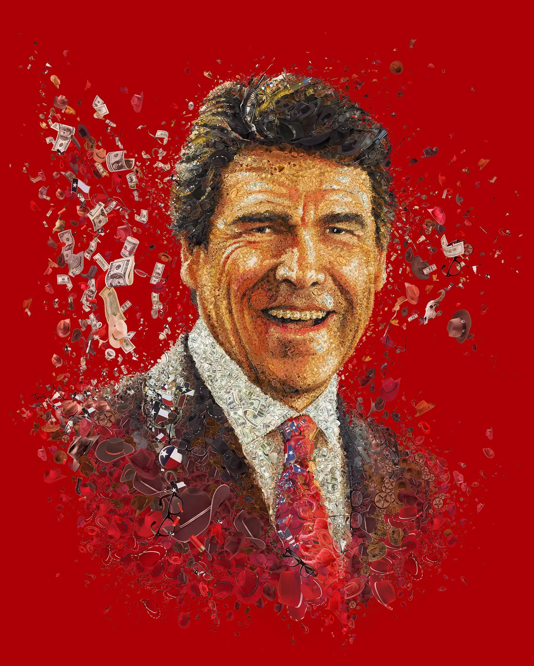 Rick Perry Texas mosaic – cowboy hats and boots forming governor's face. Lone Star state symbols.