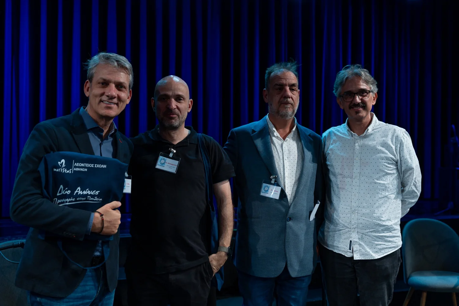 speakers about design, Charis Tsevis, Antonis Melachrinos, N. Drosos, and Theodore Tsecouras in Leonteio Athens