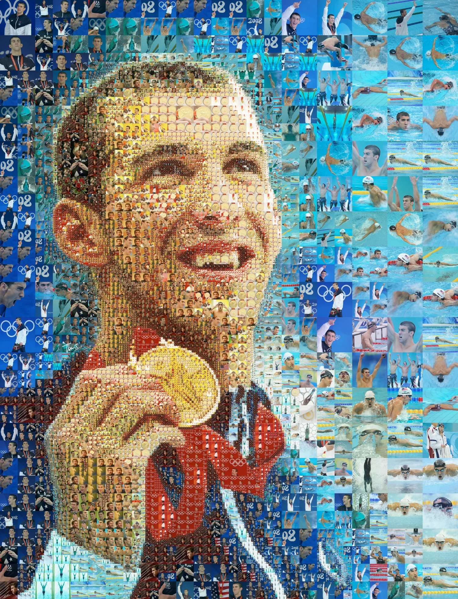 Photo mosaic portrait of Michael Phelps holding an Olympic gold medal, made from photographs of his swimming races