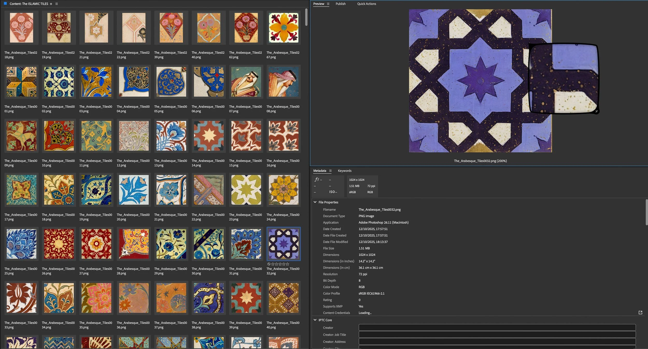 Image browser grid of many square and octagonal tile artworks in blue, red and gold patterns, one large star tile in preview