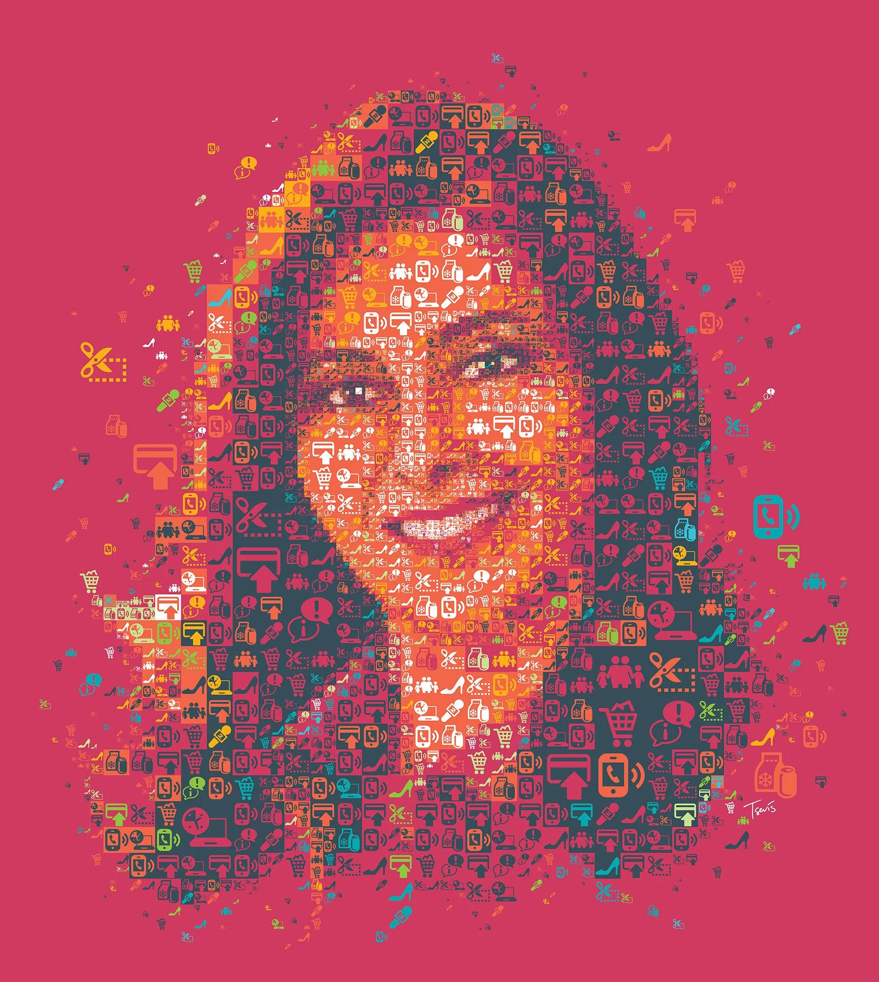 A smiling lady made out of icons for computing, telecoms, shopping, food, and TV.