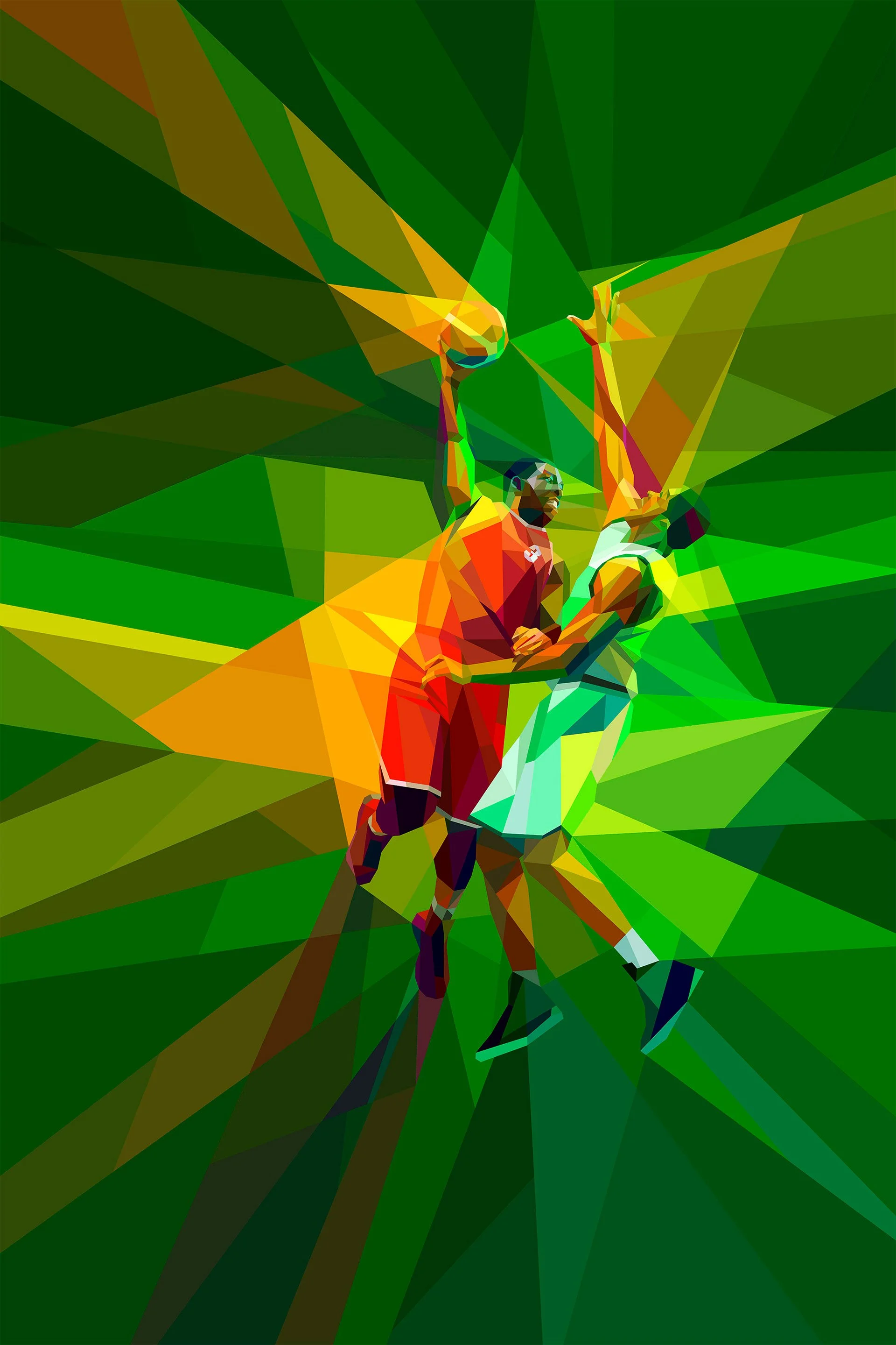 Super Cup weekend neofuturistic artwork. Italian basketball players in motion. Futurist-inspired geometric shards.