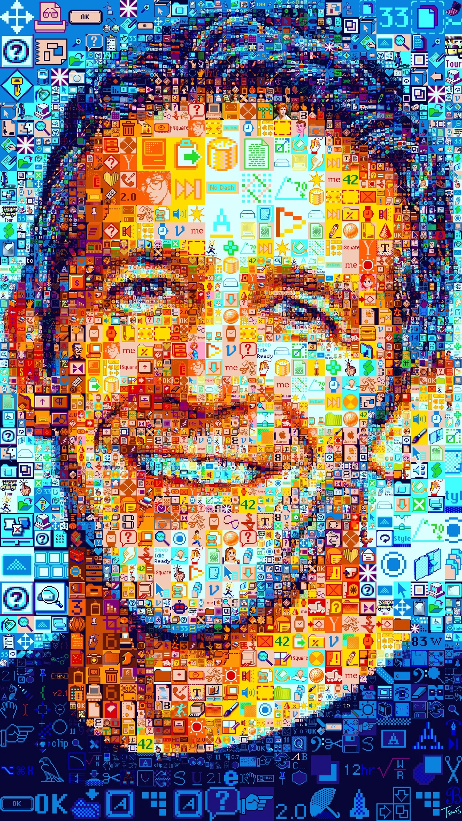John Ternus portrait built from pixel-art fragments