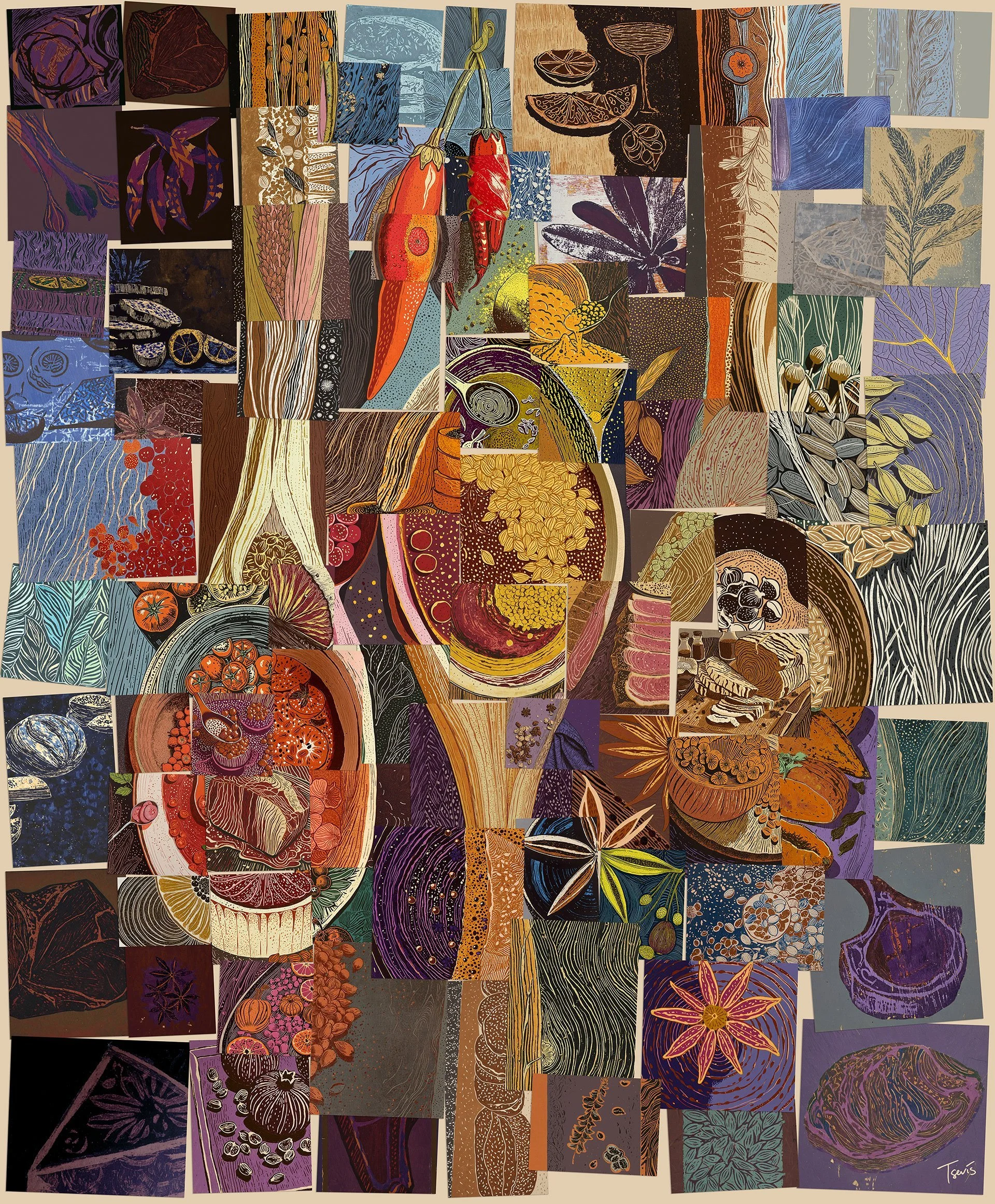 Algorithmic mosaic of three wooden spoons holding chilli, turmeric, and cumin, each rendered from immigrant food fragments—tacos, curries, falafel—in tonal field. the studio's digital technique-constructed.