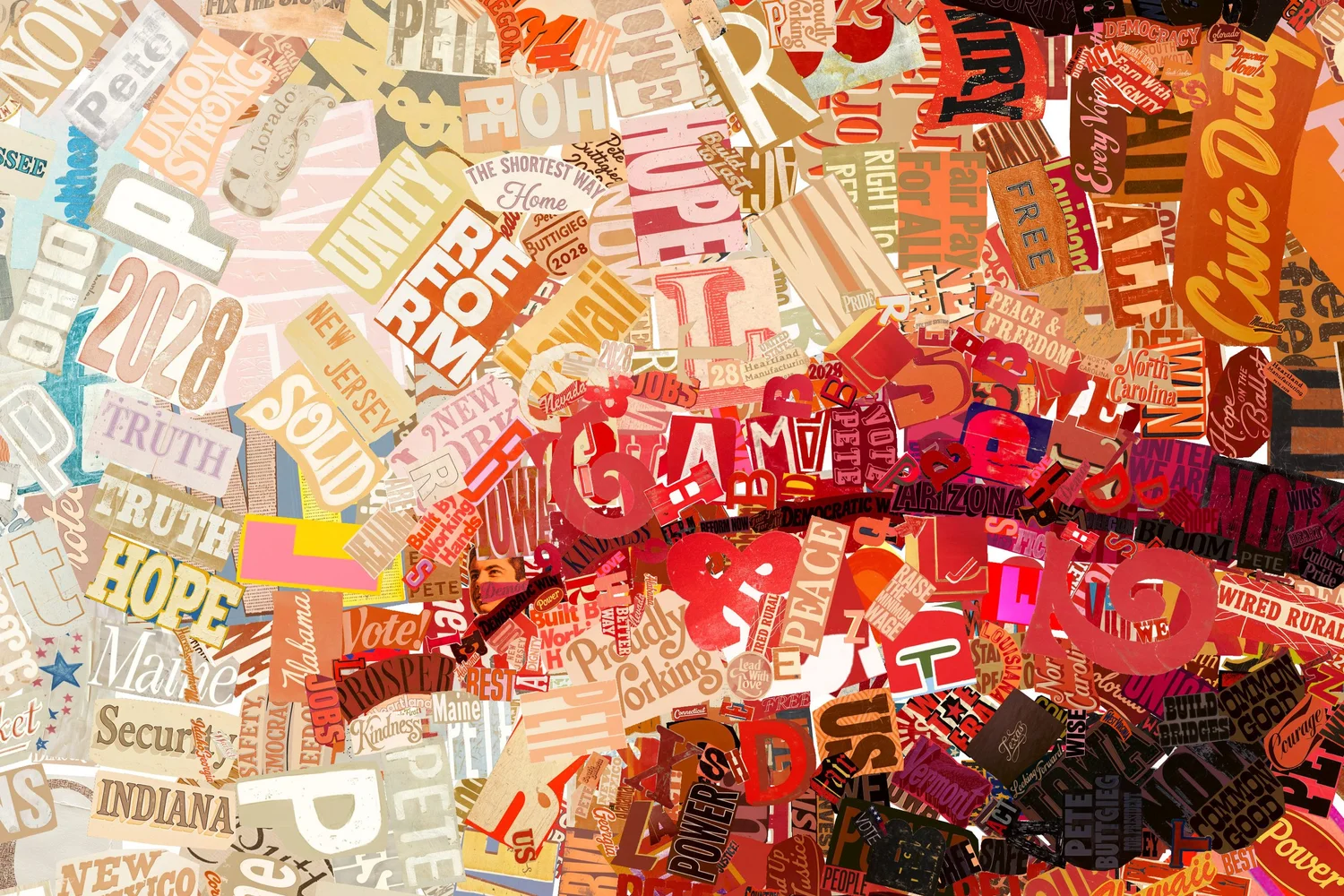 Full-size detail of the lips in Steady Resolve: Hope, Truth, Unity, Reform, Civic Duty and Peace & Freedom in warm creams and reds.