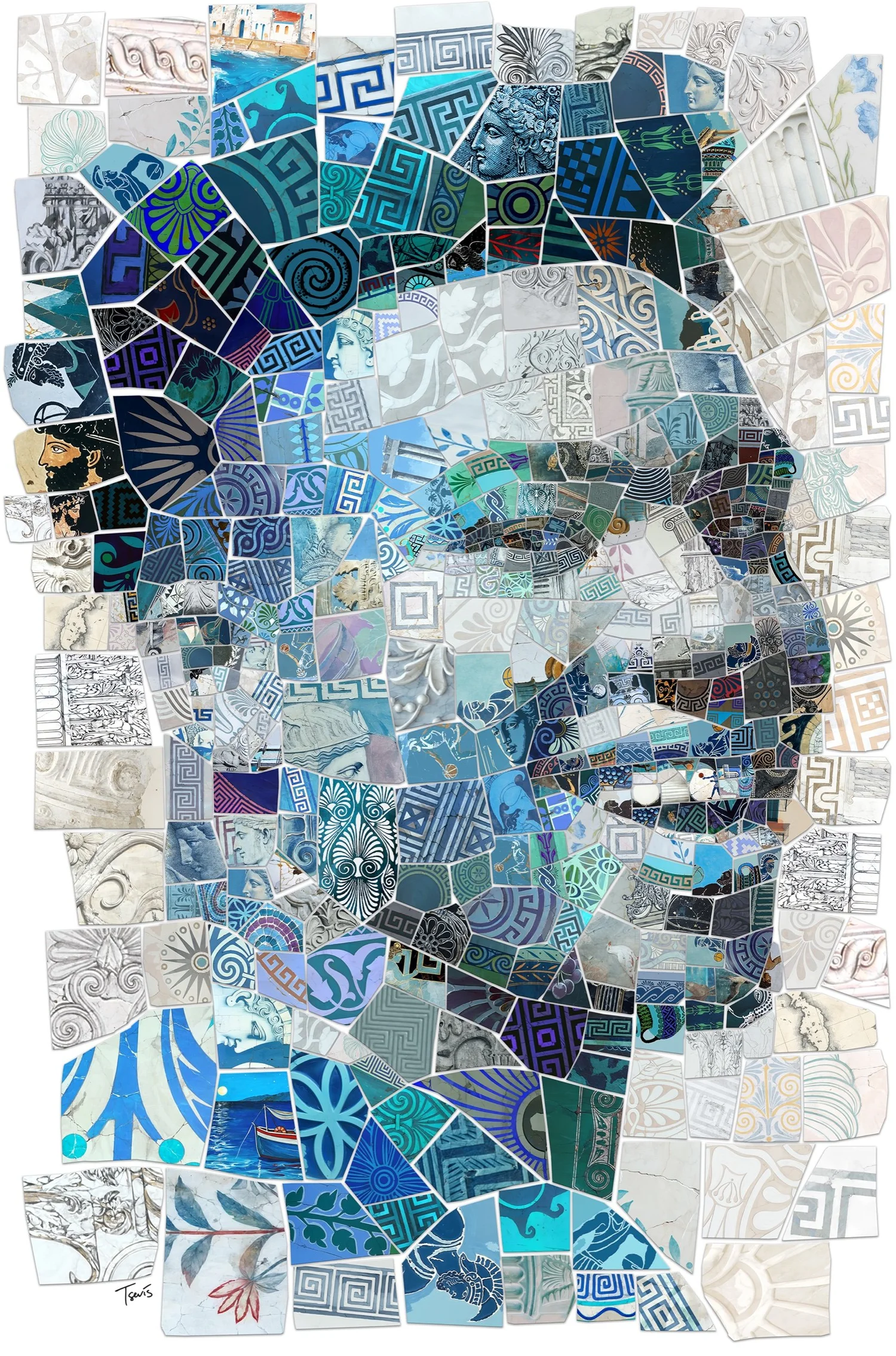 A digital mosaic artwork of basketball player Giannis Antetokounmpo, composed of Greek culture fragments, commemorating his performance at the 2024 Paris Olympics