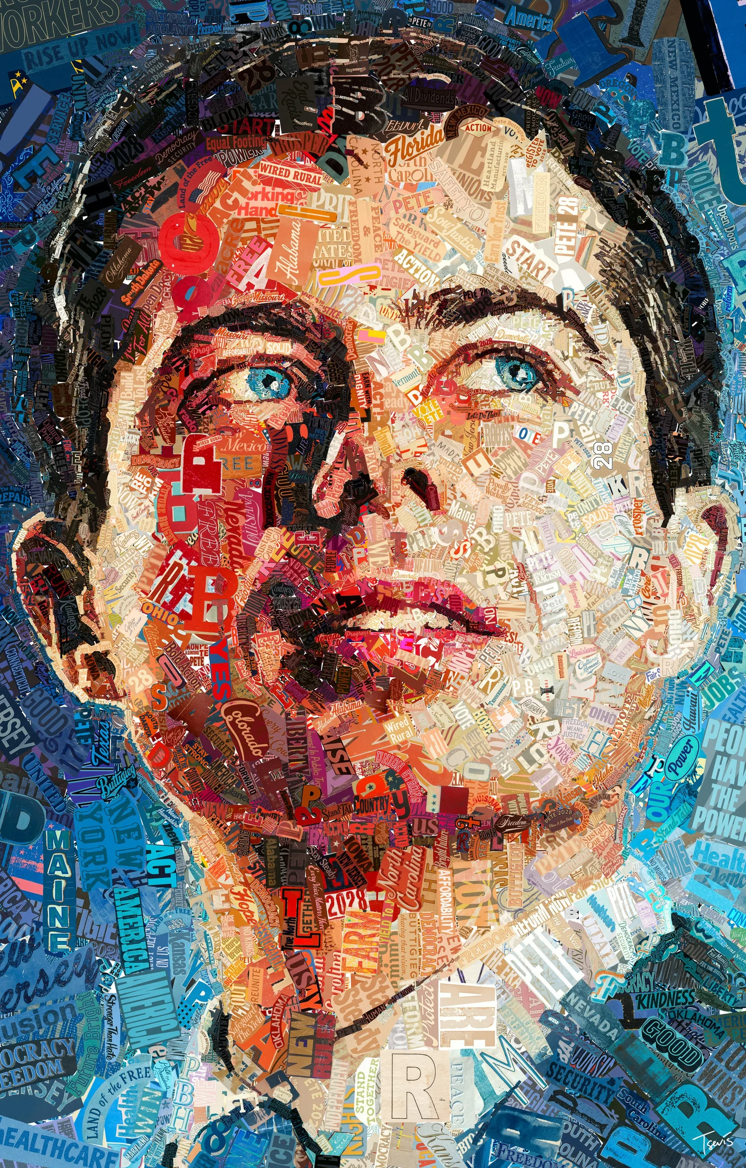 Typographic mosaic portrait of Pete Buttigieg looking upward, his blue eyes catching the light, his face in warm reds and creams framed by deep blue words.