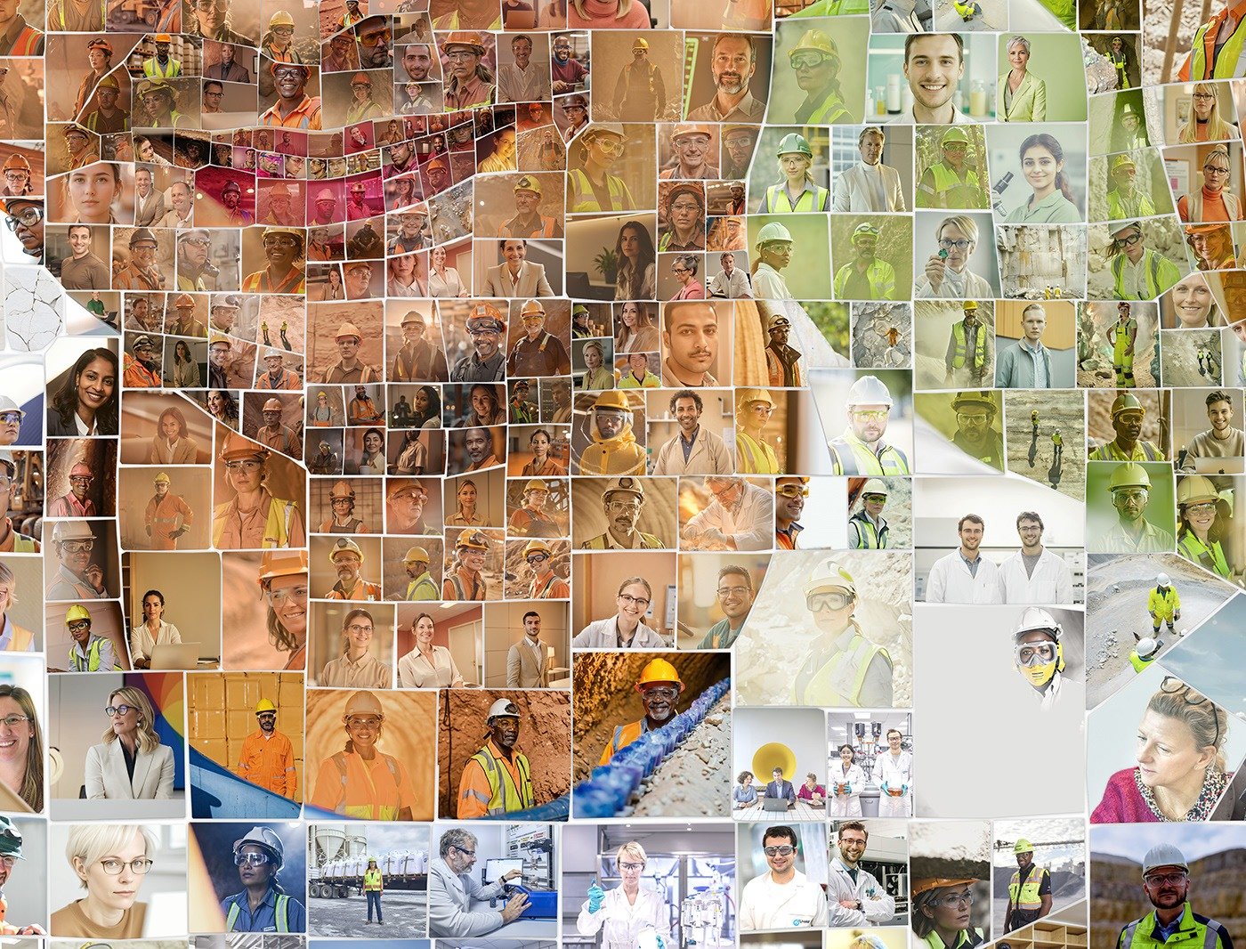 Close-up detail of a Lhoist photomosaic portrait showing the employee photos used as tiles